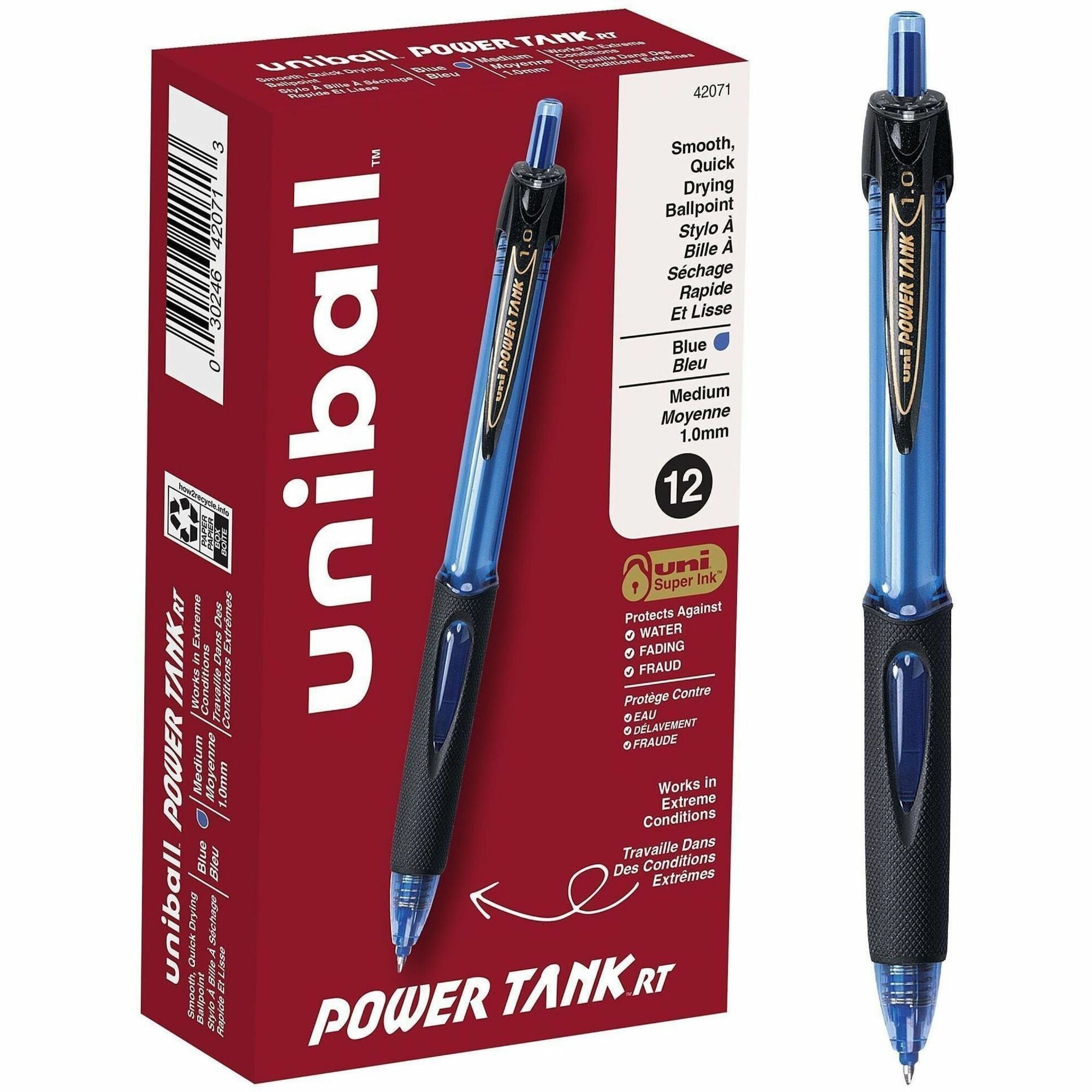 uniball™ Power Tank Retractable Ballpoint Pens - 1 mm Pen Point - Medium Marker Point - Refillable - Retractable - Blue Ink - Blue Barrel - 1 Dozen
