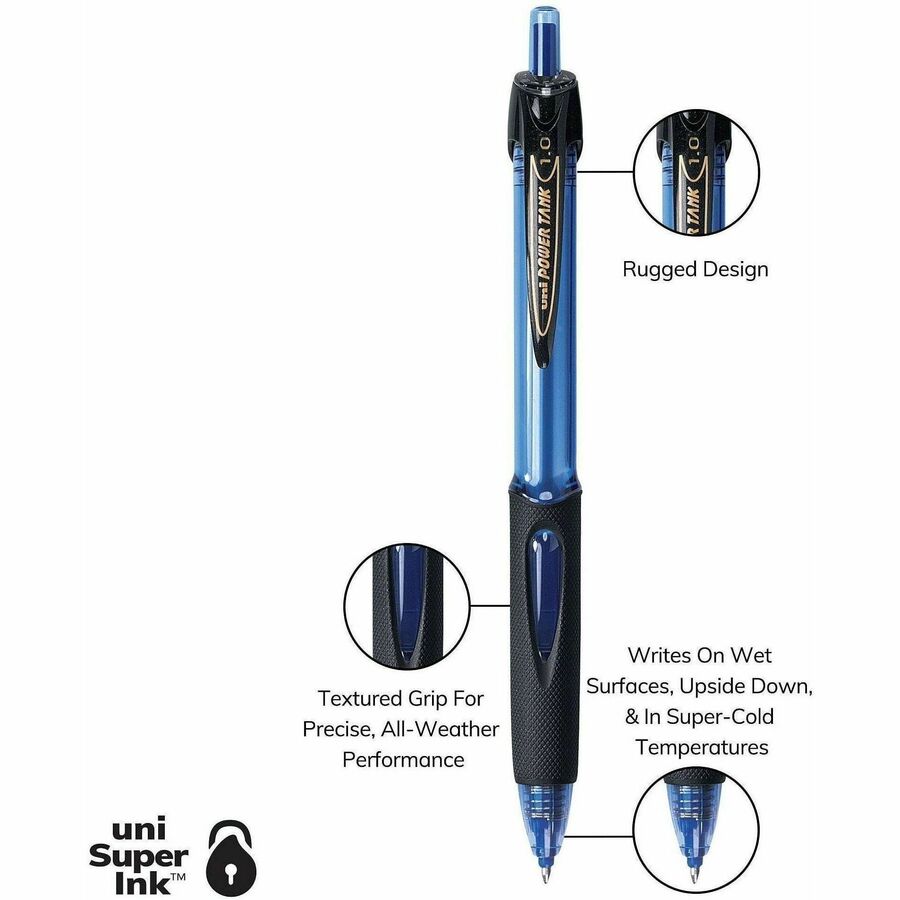 uniball™ Power Tank Retractable Ballpoint Pens - 1 mm Pen Point - Medium Marker Point - Refillable - Retractable - Blue Ink - Blue Barrel - 1 Dozen