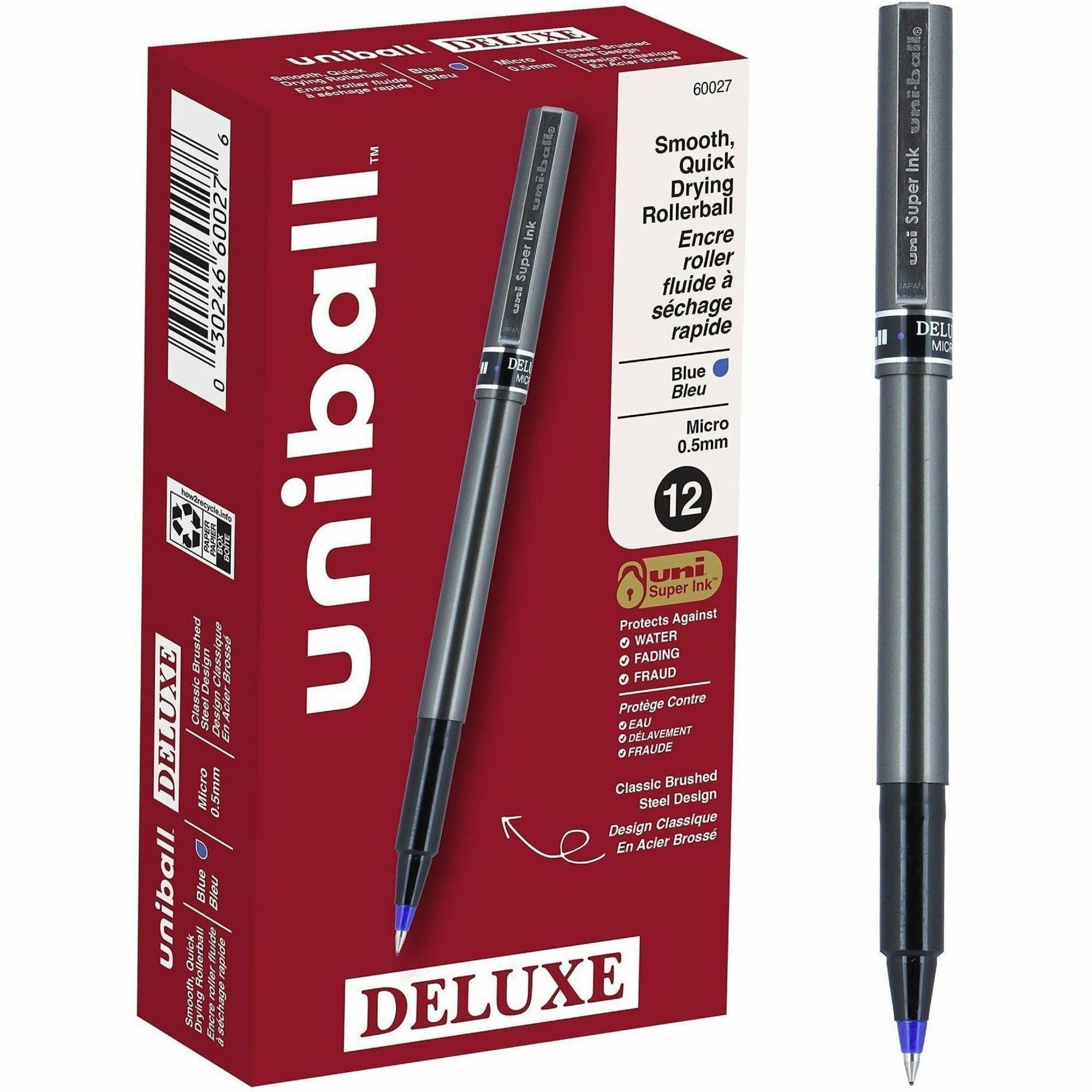 uniball™ Deluxe Rollerball Pens - 0.5 mm Micro Pen Point - Blue Ink - Gray Barrel - 1 Dozen