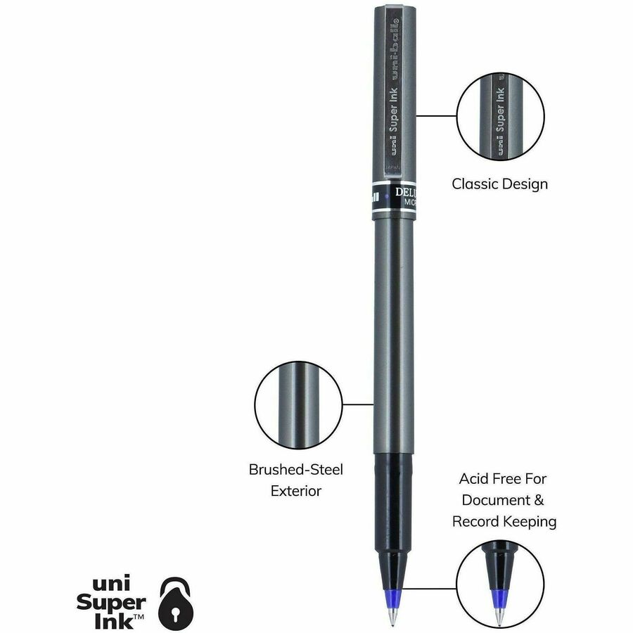 uniball™ Deluxe Rollerball Pens - 0.5 mm Micro Pen Point - Blue Ink - Gray Barrel - 1 Dozen