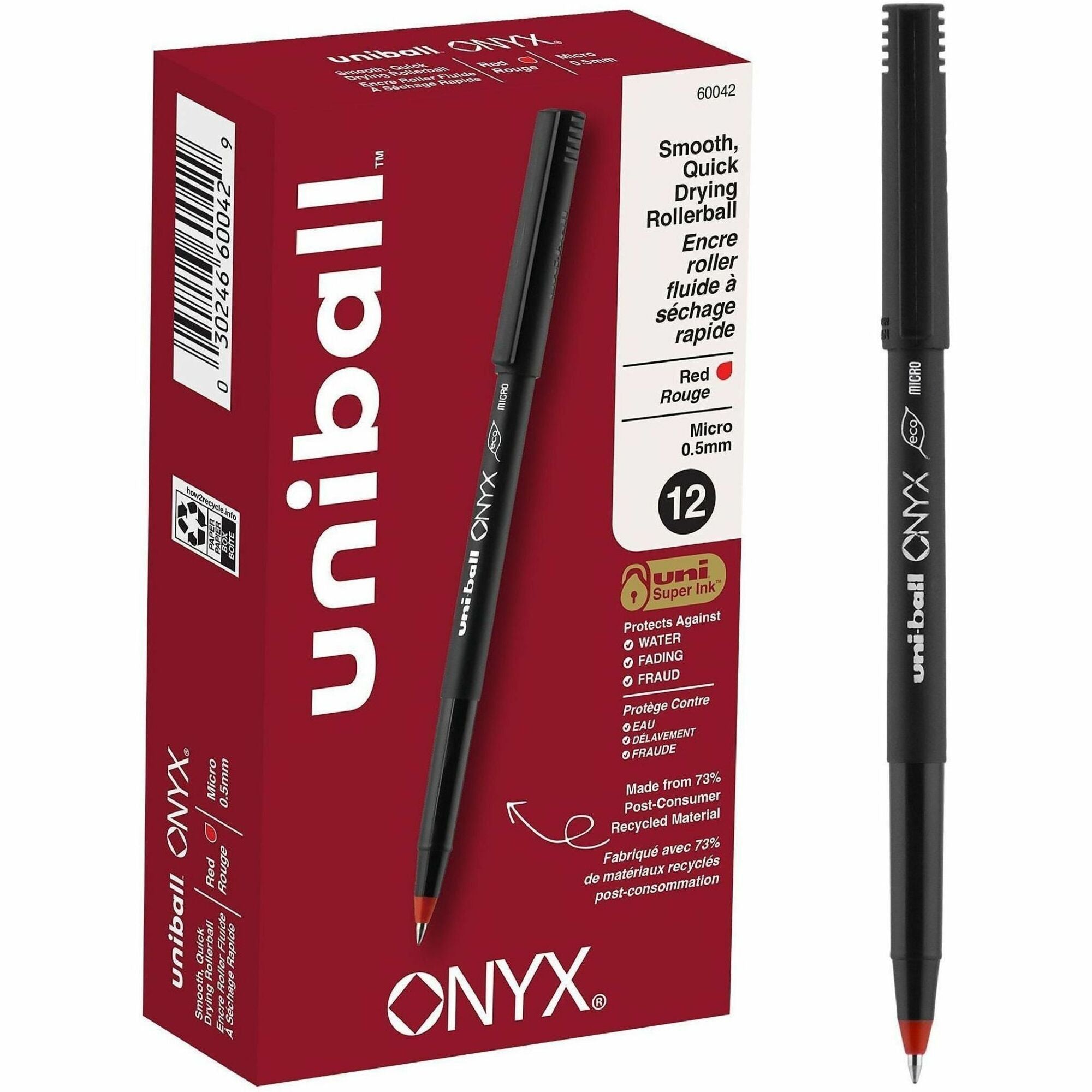 uniball™ Onyx Rollerball Pens - 0.5 mm Micro Pen Point - Red Ink - Metal Tip - 1 Dozen