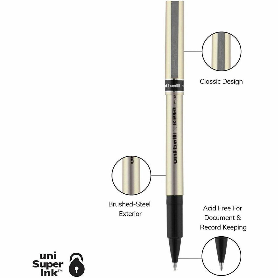 uniball™ Deluxe Rollerball Pens - 0.7 mm Fine Pen Point - Black Ink - Champagne Barrel - 1 Dozen