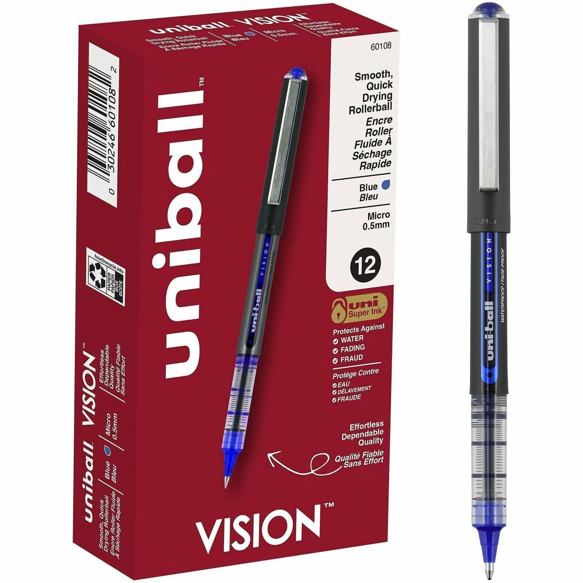 uniball™ Vision Rollerball Pens - 0.5 mm Micro Pen Point - Blue Ink - 1 Dozen
