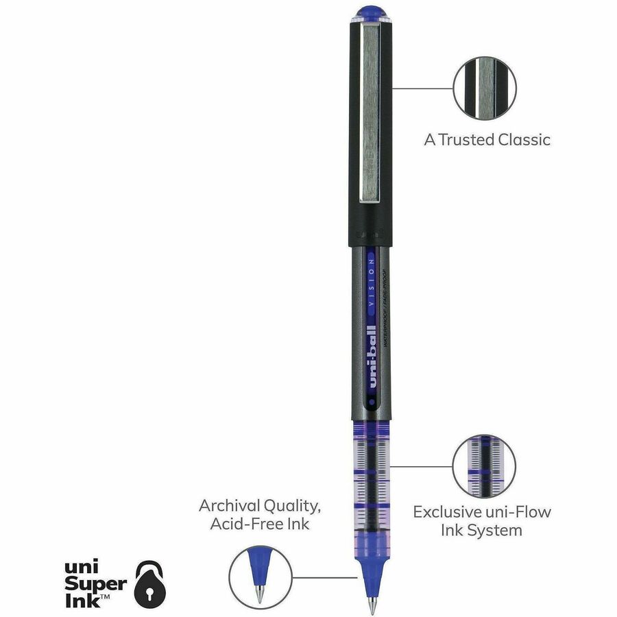 uniball™ Vision Rollerball Pens - 0.5 mm Micro Pen Point - Blue Ink - 1 Dozen