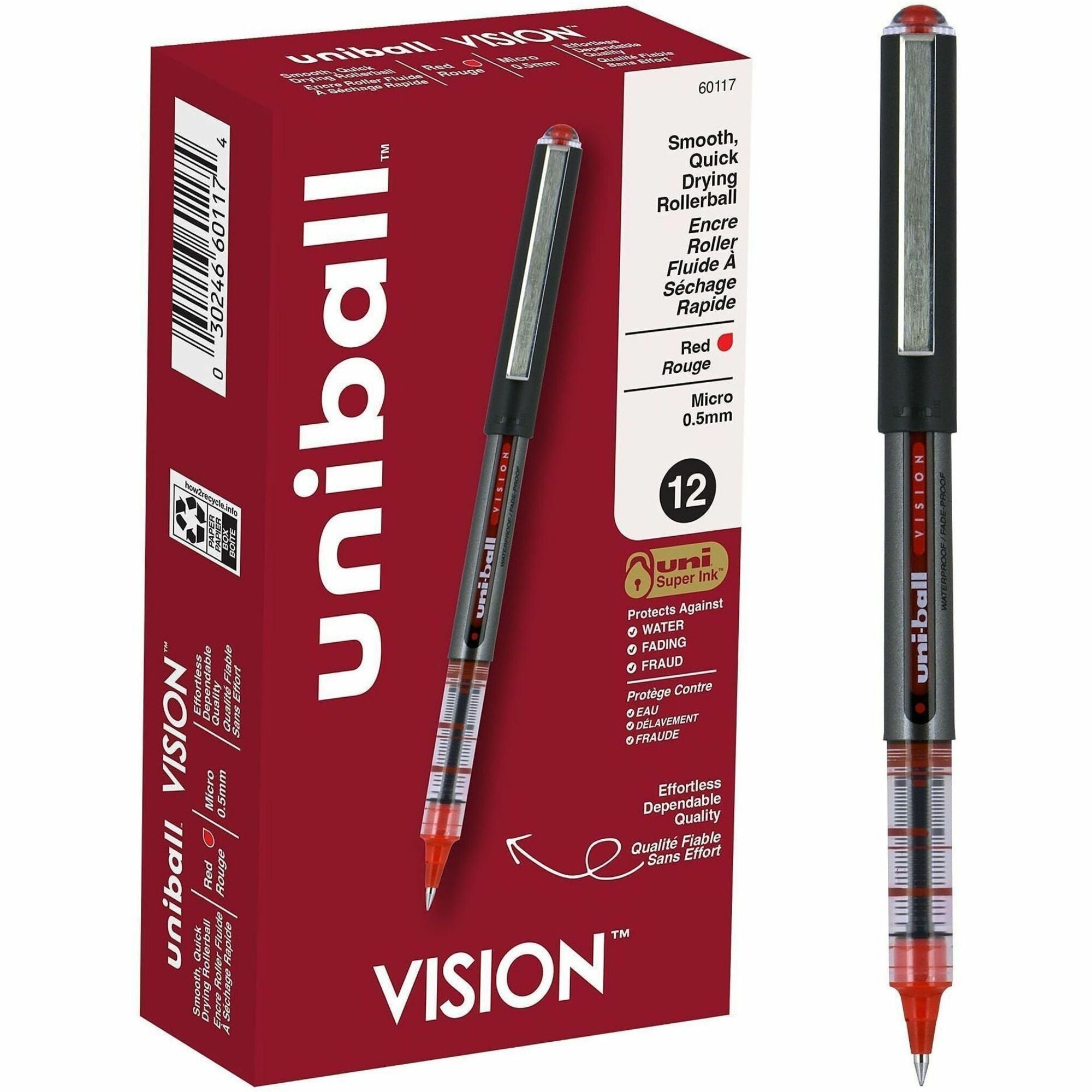 uniball™ Vision Rollerball Pens - 0.5 mm Micro Pen Point - Red Ink - 1 Dozen