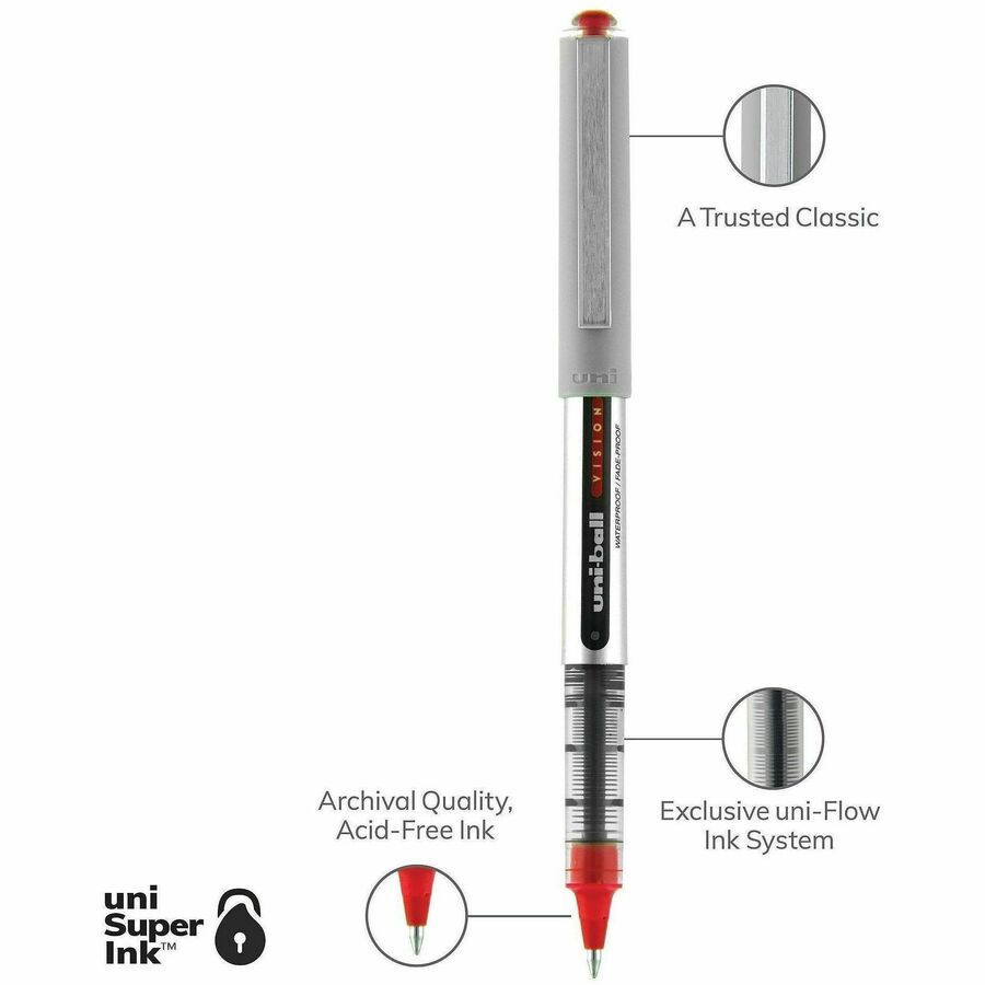 uniball™ Vision Rollerball Pens - 0.7 mm Fine Pen Point - Red Ink - 1 Dozen