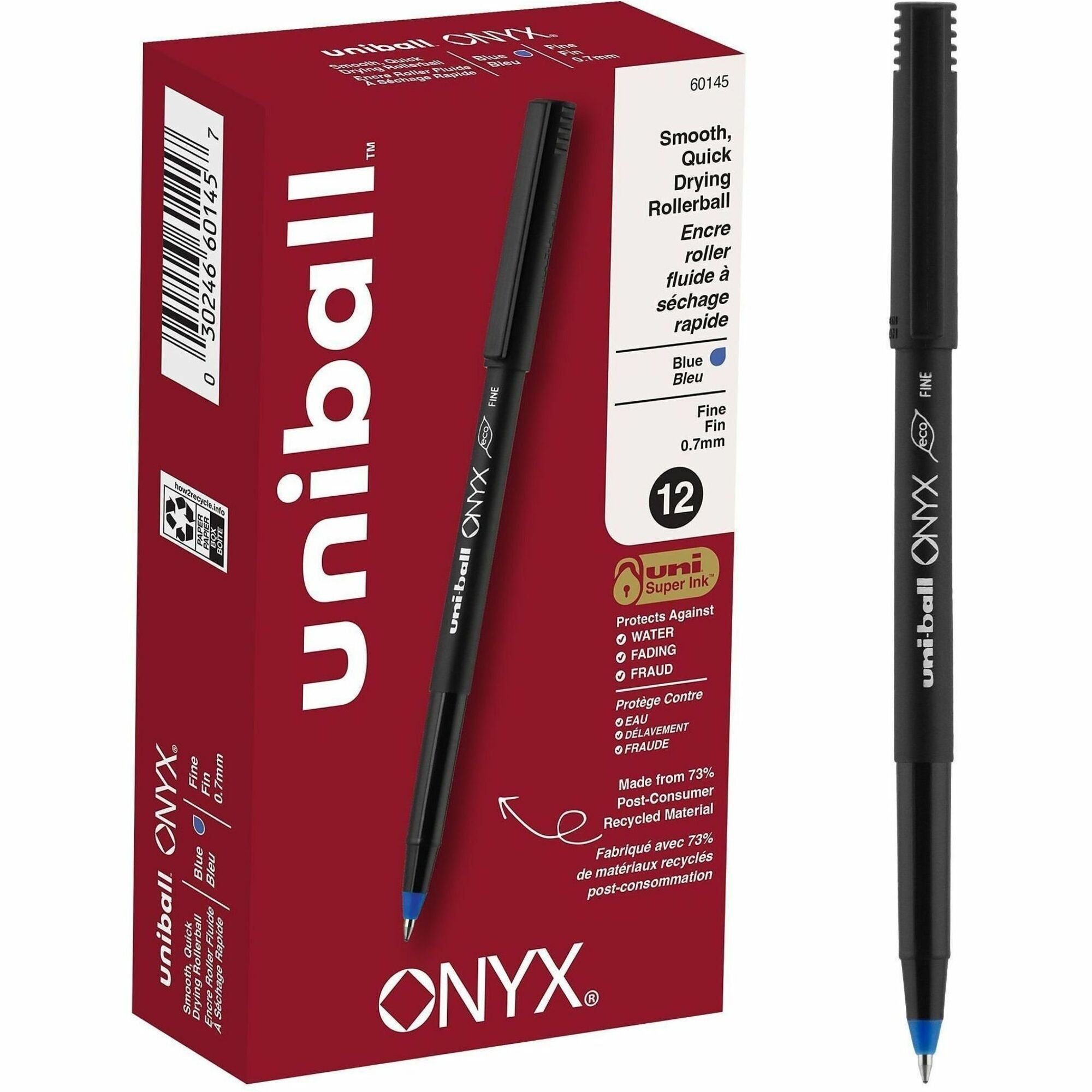 uniball™ Onyx Rollerball Pens - 0.7 mm Fine Pen Point - Blue Ink - Metal Tip - 1 Dozen