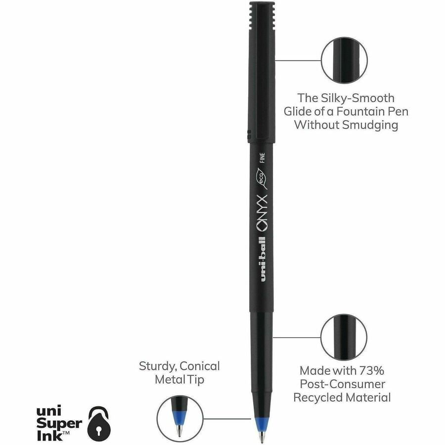 uniball™ Onyx Rollerball Pens - 0.7 mm Fine Pen Point - Blue Ink - Metal Tip - 1 Dozen