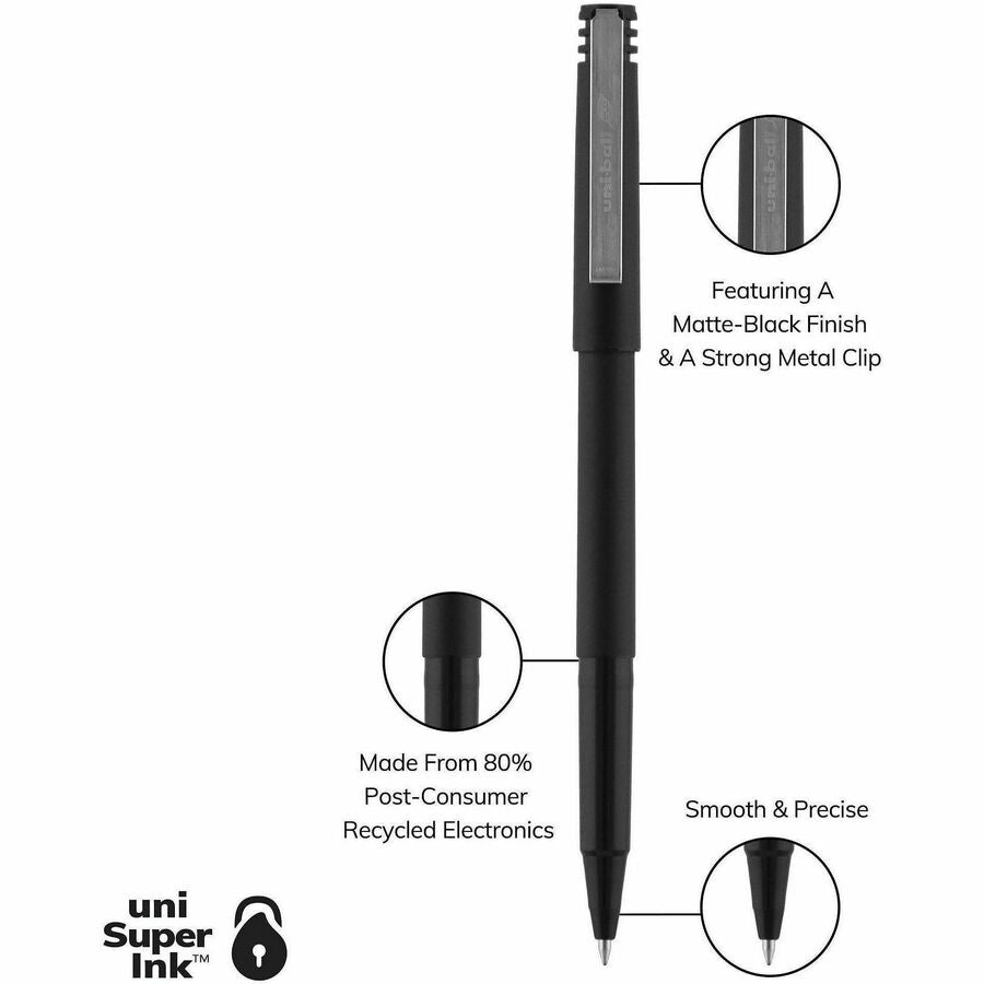 uniball™ Roller Rollerball Pen - 0.5 mm Micro Pen Point - Black Ink - Water Based - Black Stainless Steel Barrel - 1 Dozen