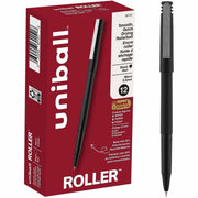 uniball™ Roller Rollerball Pen - 0.5 mm Micro Pen Point - Black Ink - Water Based - Black Stainless Steel Barrel - 1 Dozen