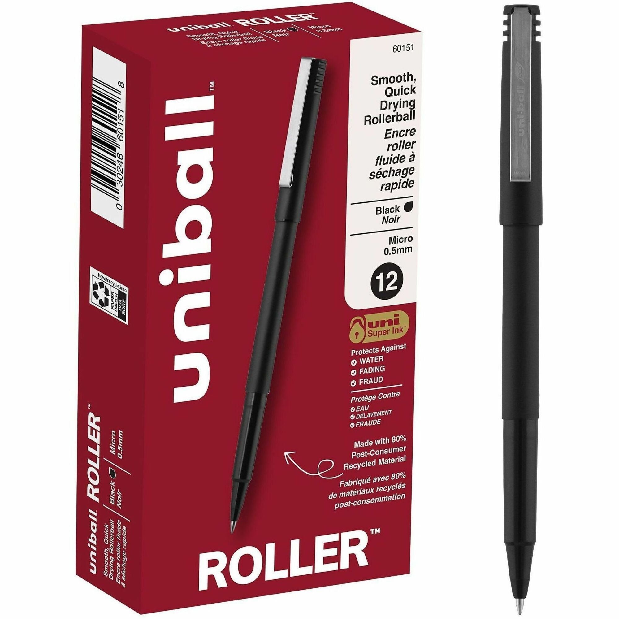 uniball™ Roller Rollerball Pen - 0.5 mm Micro Pen Point - Black Ink - Water Based - Black Stainless Steel Barrel - 1 Dozen