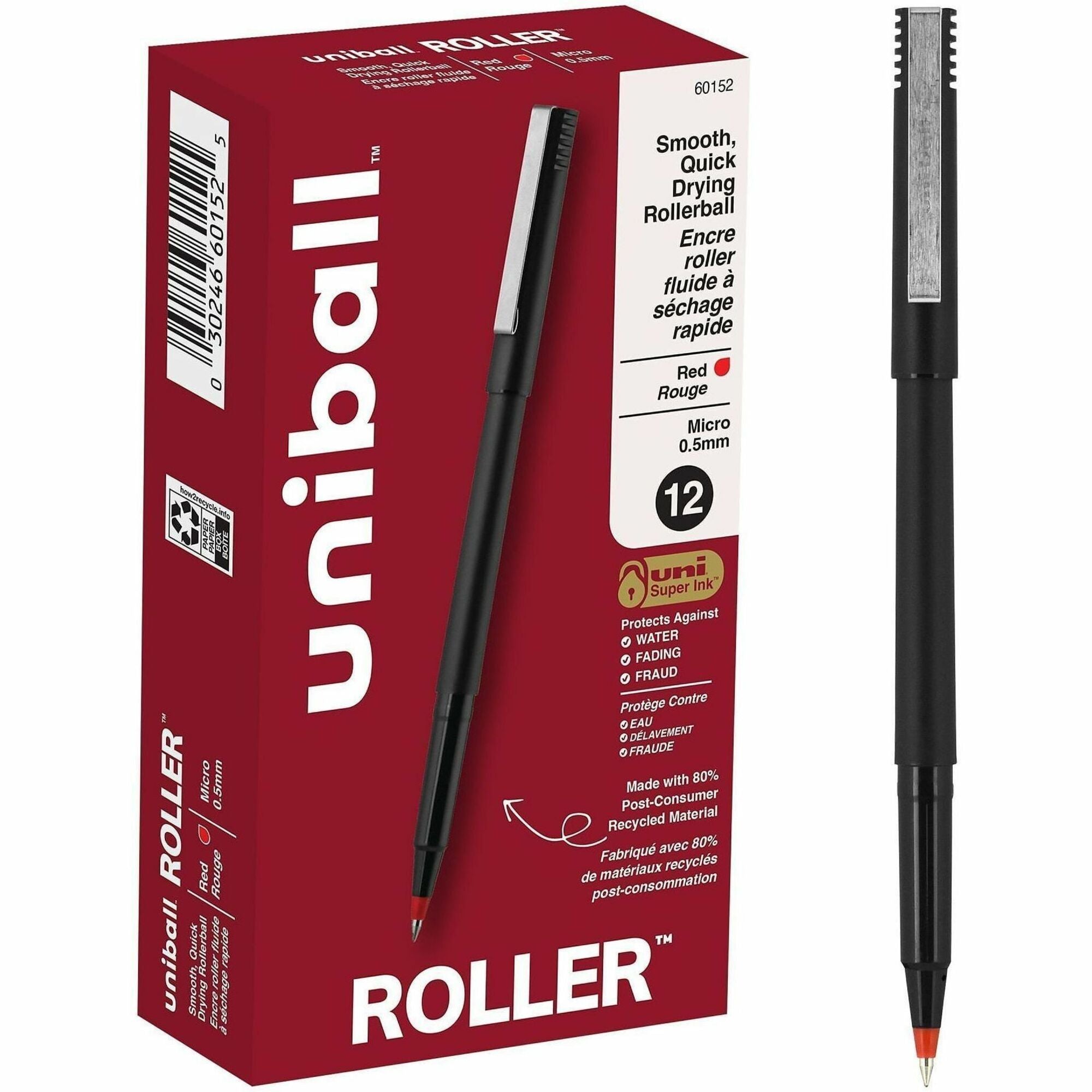 uniball™ Roller Rollerball Pen - 0.5 mm Micro Pen Point - Red Ink - Water Based - Black Stainless Steel Barrel - 1 Dozen