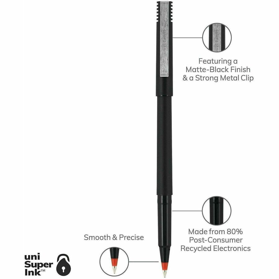 uniball™ Roller Rollerball Pen - 0.5 mm Micro Pen Point - Red Ink - Water Based - Black Stainless Steel Barrel - 1 Dozen