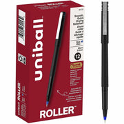 uniball™ Roller Rollerball Pen - 0.5 mm Micro Pen Point - Blue Ink - Water Based - Black Stainless Steel Barrel - 1 Dozen
