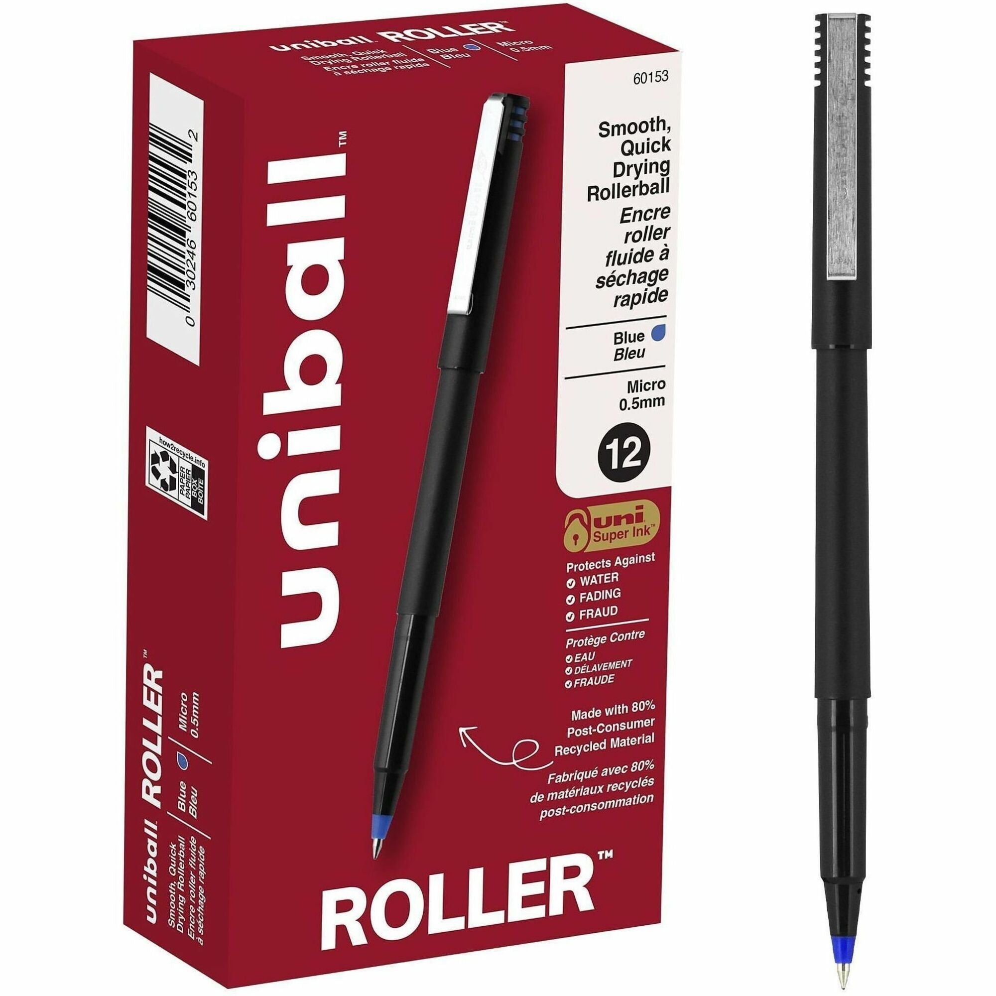 uniball™ Roller Rollerball Pen - 0.5 mm Micro Pen Point - Blue Ink - Water Based - Black Stainless Steel Barrel - 1 Dozen