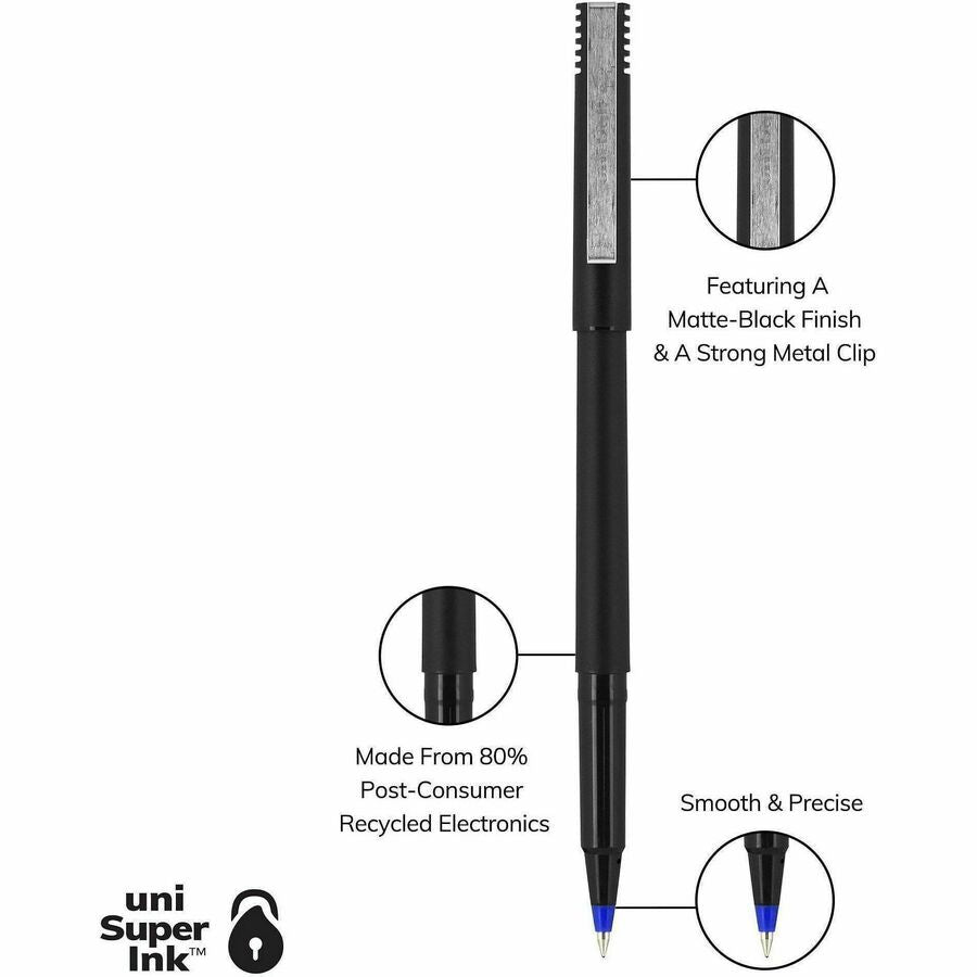 uniball™ Roller Rollerball Pen - 0.5 mm Micro Pen Point - Blue Ink - Water Based - Black Stainless Steel Barrel - 1 Dozen