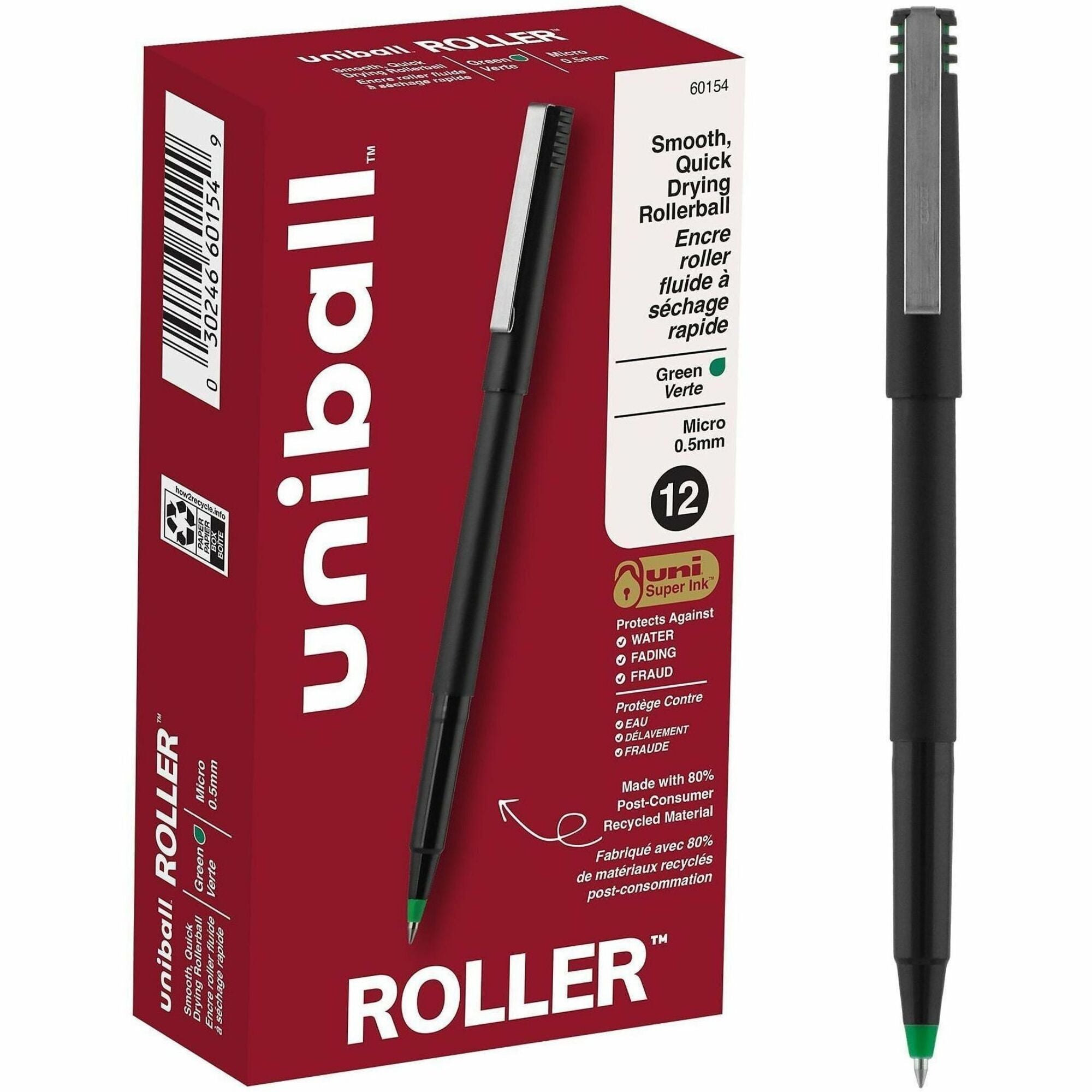 uniball™ Roller Rollerball Pen - 0.5 mm Micro Pen Point - Green Ink - Black Stainless Steel Barrel - 1 Dozen