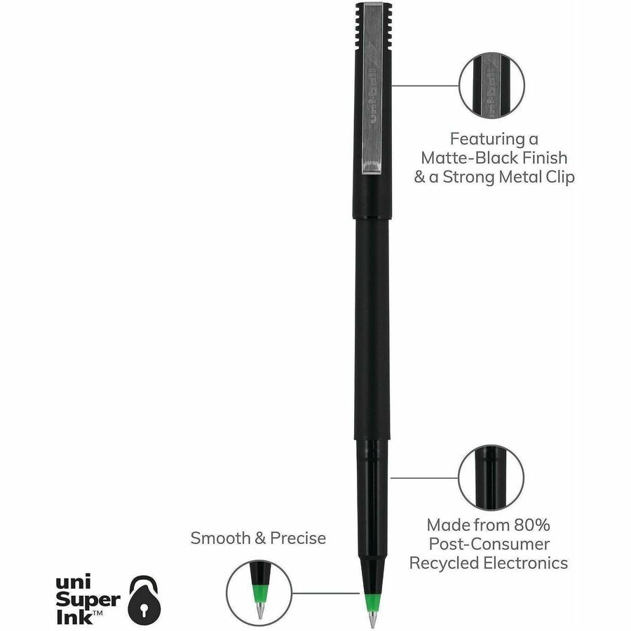 uniball™ Roller Rollerball Pen - 0.5 mm Micro Pen Point - Green Ink - Black Stainless Steel Barrel - 1 Dozen