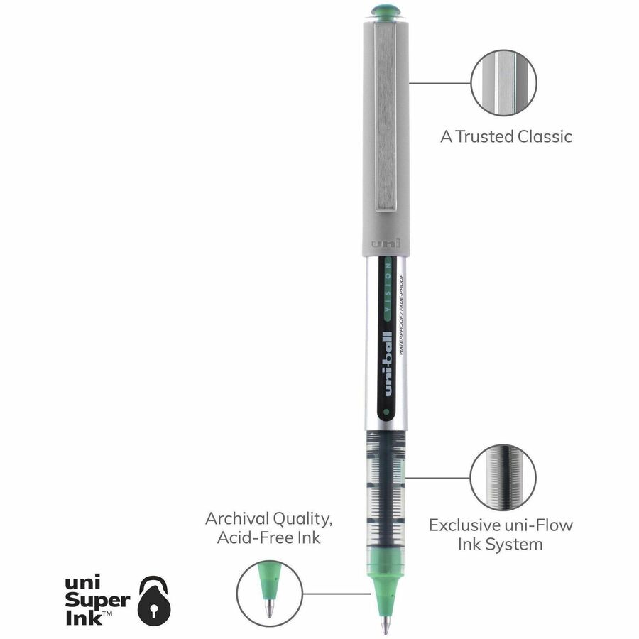 uniball™ Vision Rollerball Pens - 0.7 mm Fine Pen Point - Green Ink - 1 Dozen