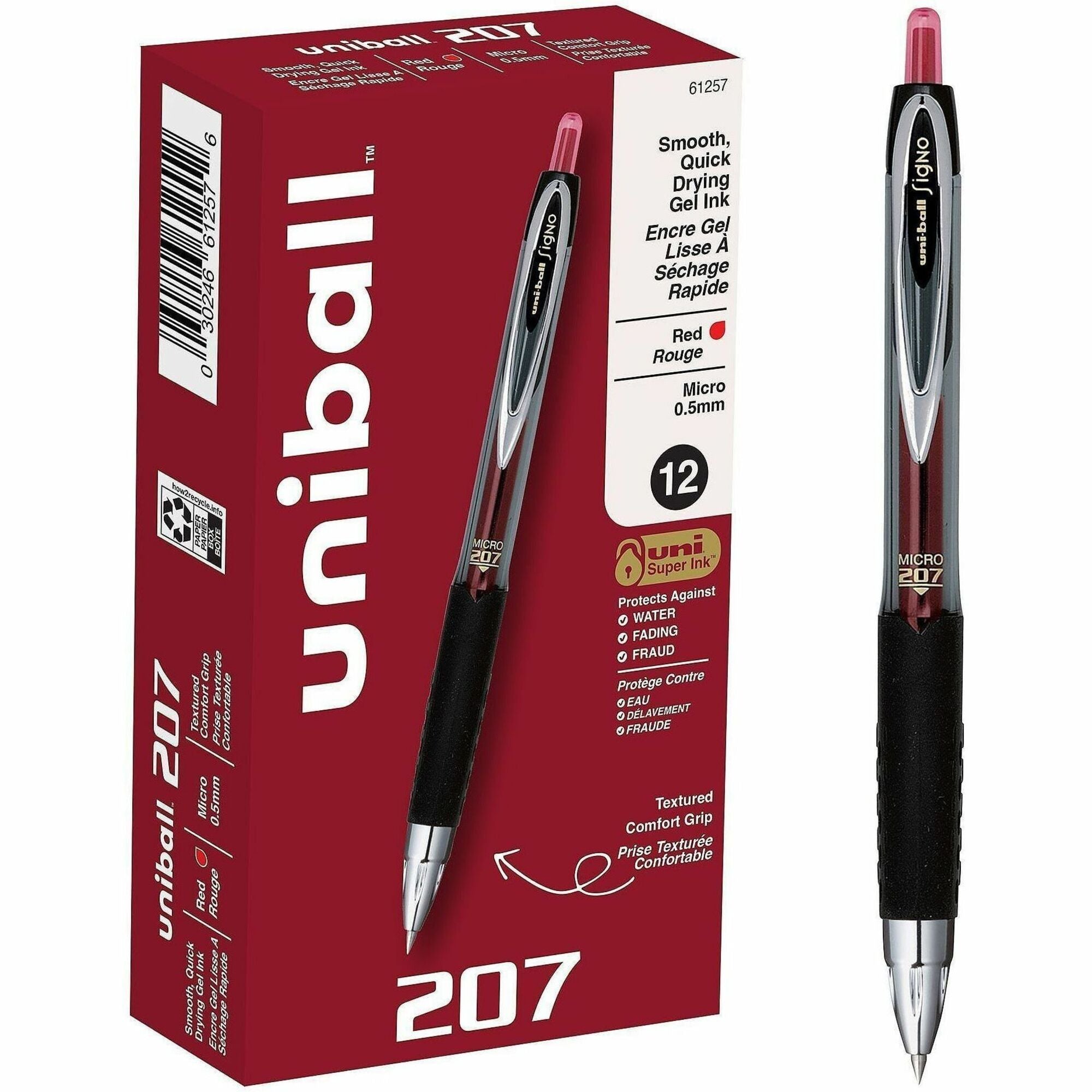 uniball™ 207 Gel Pen - 0.5 mm Micro Pen Point - Refillable - Retractable - Red Ink - Gel-based - Translucent Barrel - 1 Dozen