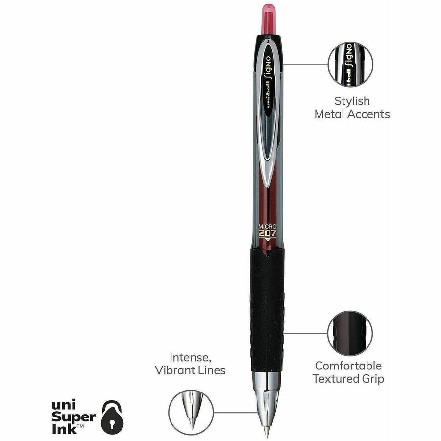 uniball™ 207 Gel Pen - 0.5 mm Micro Pen Point - Refillable - Retractable - Red Ink - Gel-based - Translucent Barrel - 1 Dozen