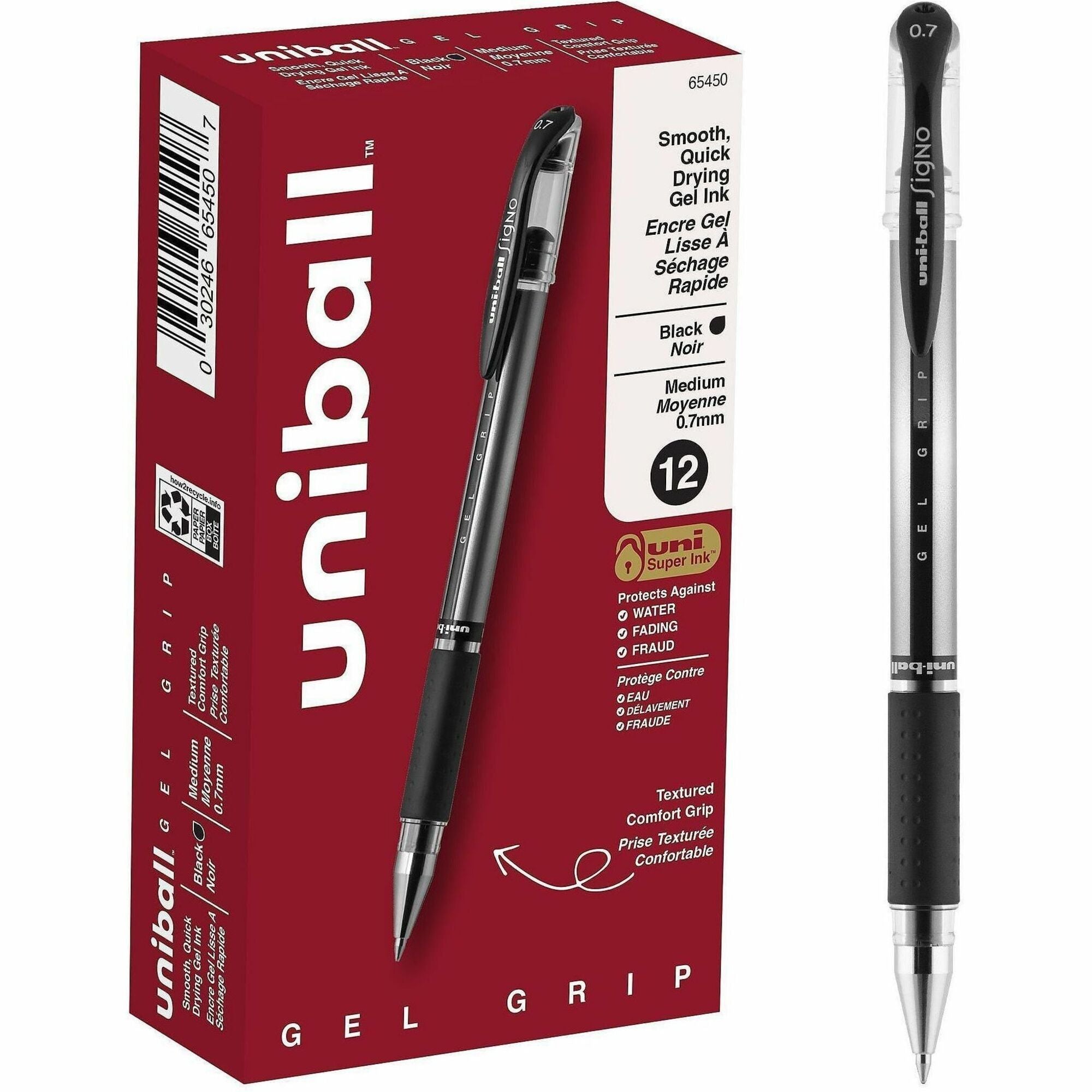 0.7 mm Medium Pen Point - Black Ink - Gel-based, Pigment-based - Stainless Steel Tip - Office, Home, Classroom, Writing, Document - 1 Dozen