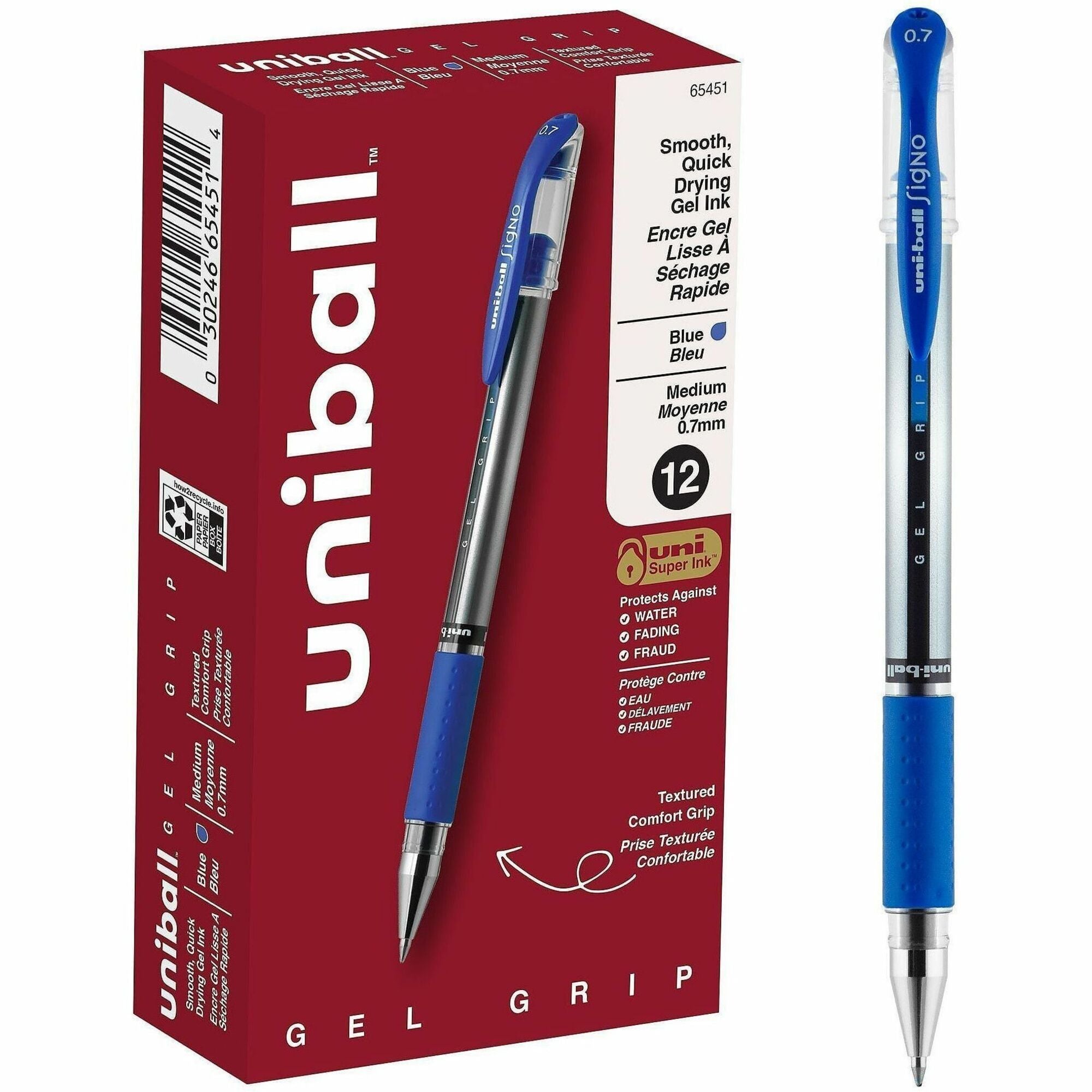 0.7 mm Medium Pen Point - Blue Ink - Gel-based, Pigment-based - Stainless Steel Tip - Office, Home, Classroom, Writing, Document - 1 Dozen