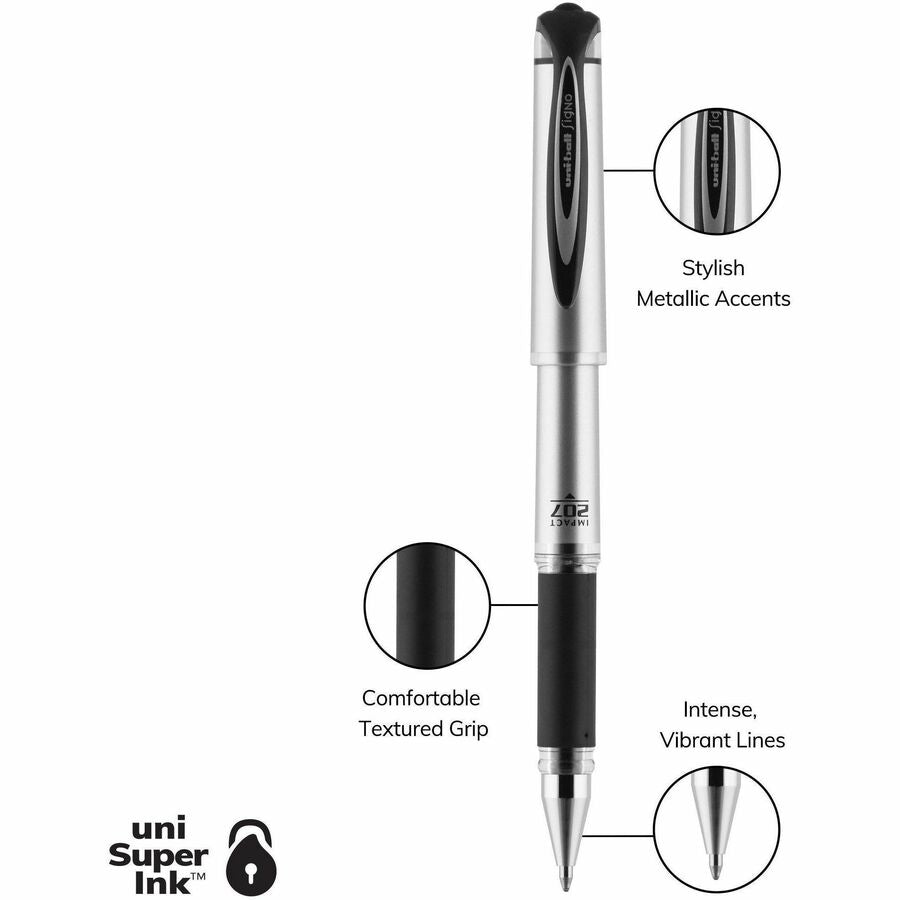 uniball™ 207 Impact Gel Pen - 1 mm Bold Pen Point - Refillable - Black Ink - Gel-based - Silver Barrel - 1 Dozen