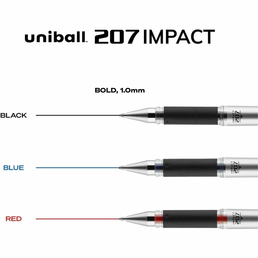 uniball™ 207 Impact Gel Pen - 1 mm Bold Pen Point - Refillable - Black Ink - Gel-based - Silver Barrel - 1 Dozen