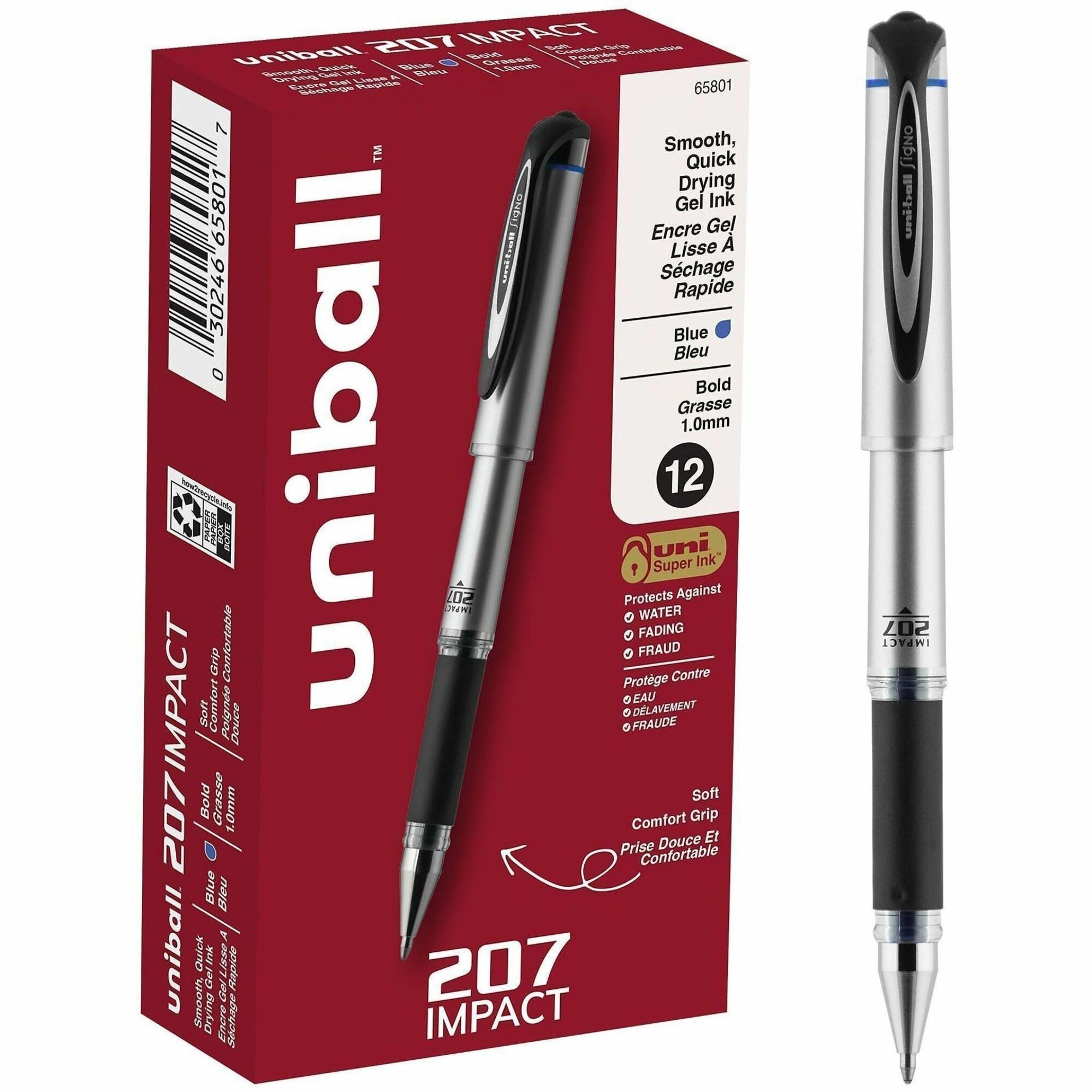 uniball™ 207 Impact Gel Pen - 1 mm Bold Pen Point - Refillable - Blue Ink - Gel-based - Silver Barrel - 1 Dozen