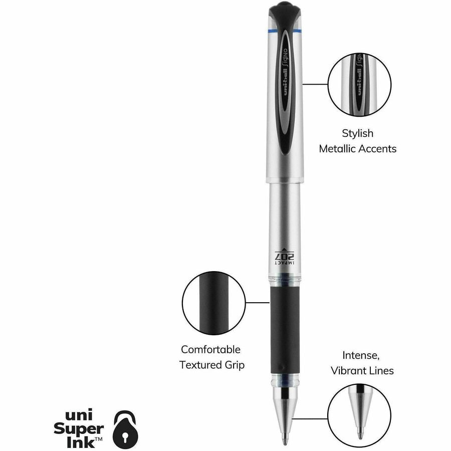 uniball™ 207 Impact Gel Pen - 1 mm Bold Pen Point - Refillable - Blue Ink - Gel-based - Silver Barrel - 1 Dozen