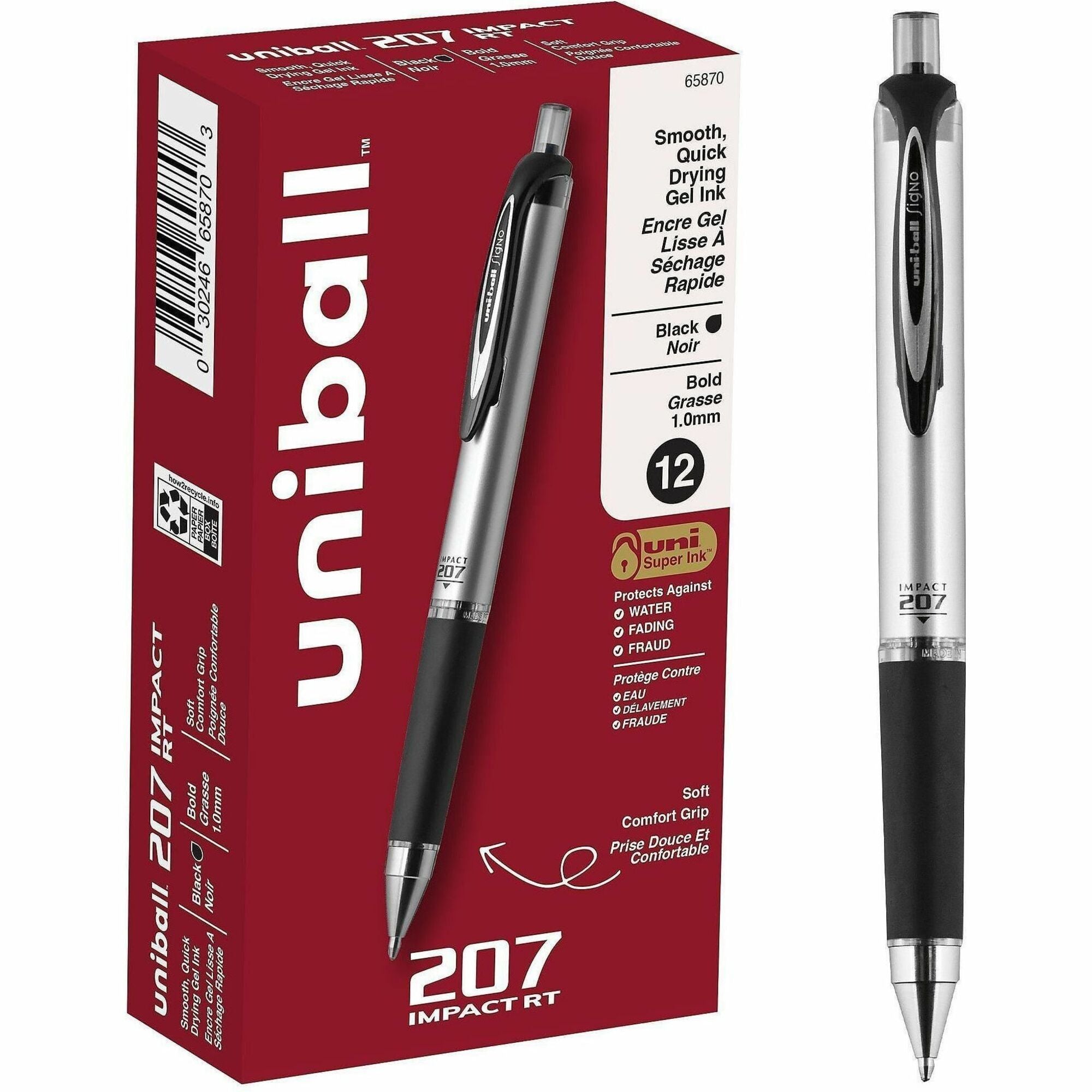 uniball™ 207 Impact RT Gel Pen - 1 mm Bold Pen Point - Refillable - Retractable - Black Ink - Gel-based - Metallic Barrel - 1 Each