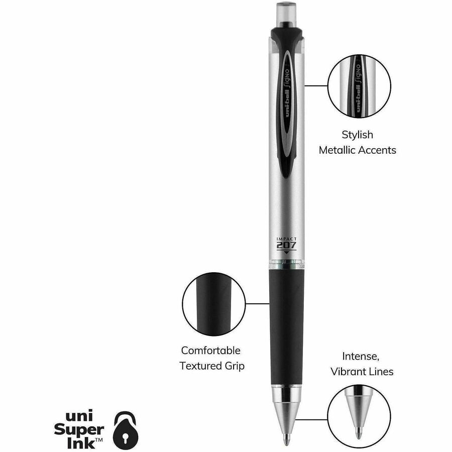 uniball™ 207 Impact RT Gel Pen - 1 mm Bold Pen Point - Refillable - Retractable - Black Ink - Gel-based - Metallic Barrel - 1 Each