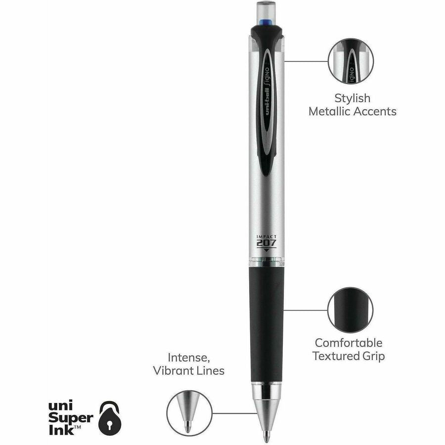 uniball™ 207 Impact RT Gel Pen - 1 mm Bold Pen Point - Refillable - Retractable - Blue Ink - Gel-based - Gray, Silver Barrel - 1 Each