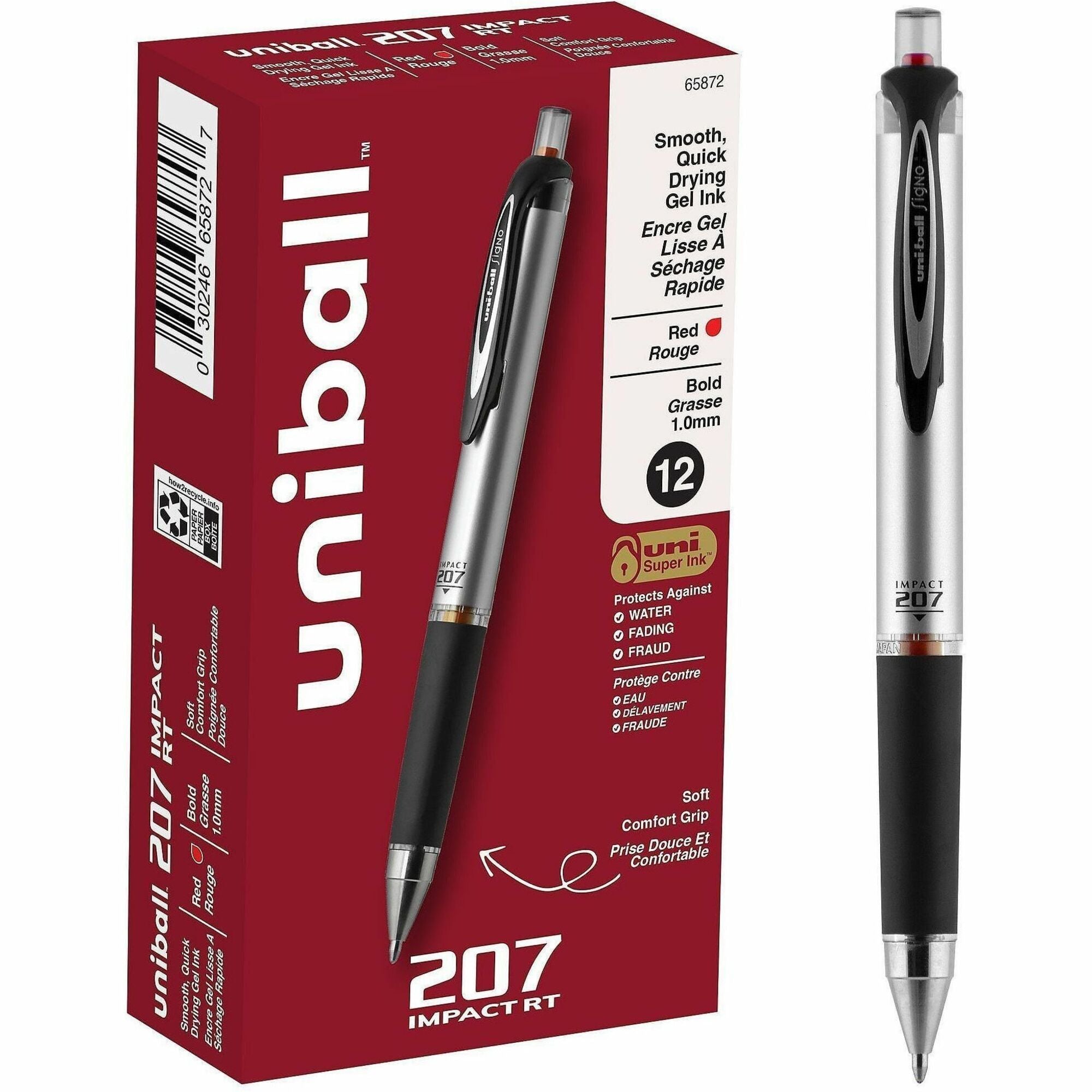 uniball™ 207 Impact RT Gel Pen - 1 mm Bold Pen Point - Refillable - Retractable - Red Ink - Gel-based - Gray, Silver Barrel - 1 Each