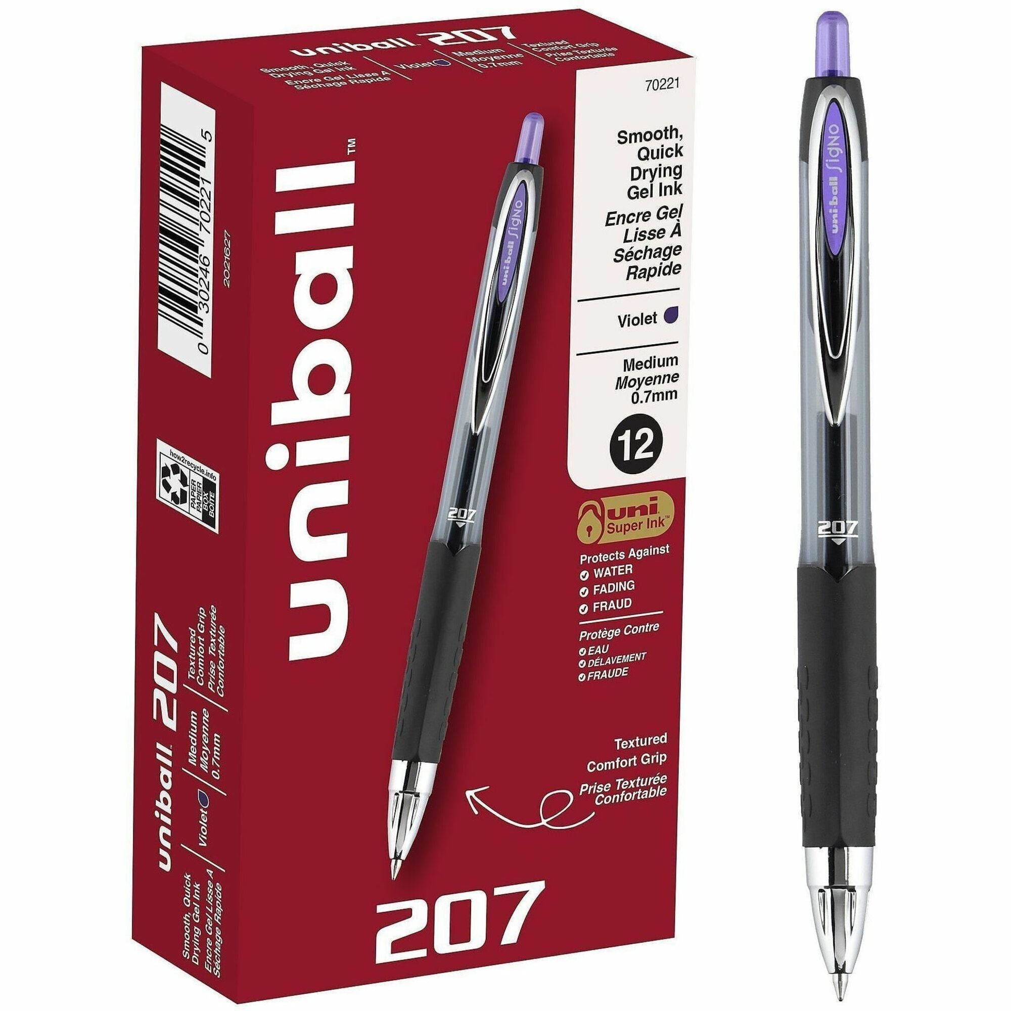 uniball™ 207 Gel Pen - 0.7 mm Medium Pen Point - Refillable - Retractable - Violet Ink - Gel-based - Translucent Barrel - 1 Dozen