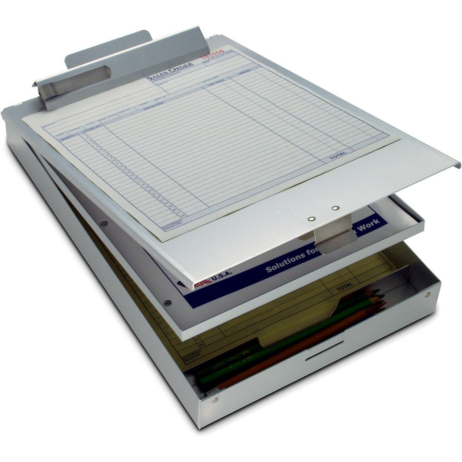 Saunders Cruiser Mate Form Holder with Storage - 1" Clip Capacity - Storage for Stationary - 8 1/2" x 12" Sheet Size - Aluminum - Silver - 1 Each
