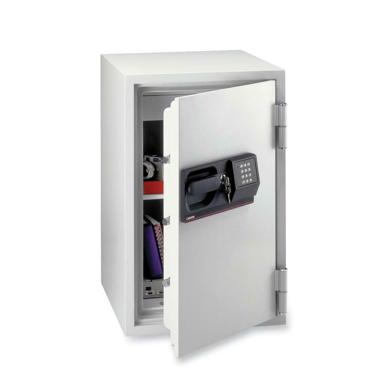 3 ft³ - Electronic, Tubular Key Lock - 3 Dead Bolt(s) - 5 Live-locking Bolt(s) - Fire Resistant - Internal Size 26.61" Height x 15" Width x 12.99" Depth - Overall Size 34.5" Height x 20.5" Width x 22" Depth - Light Gray
