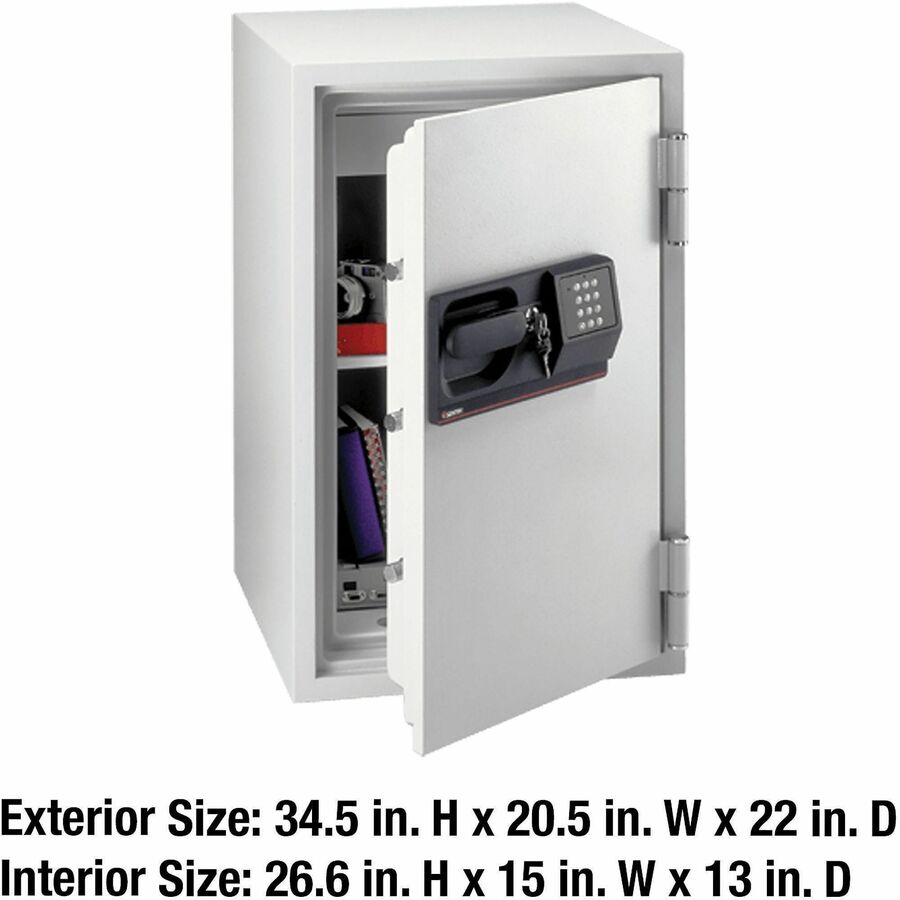 3 ft³ - Electronic, Tubular Key Lock - 3 Dead Bolt(s) - 5 Live-locking Bolt(s) - Fire Resistant - Internal Size 26.61" Height x 15" Width x 12.99" Depth - Overall Size 34.5" Height x 20.5" Width x 22" Depth - Light Gray