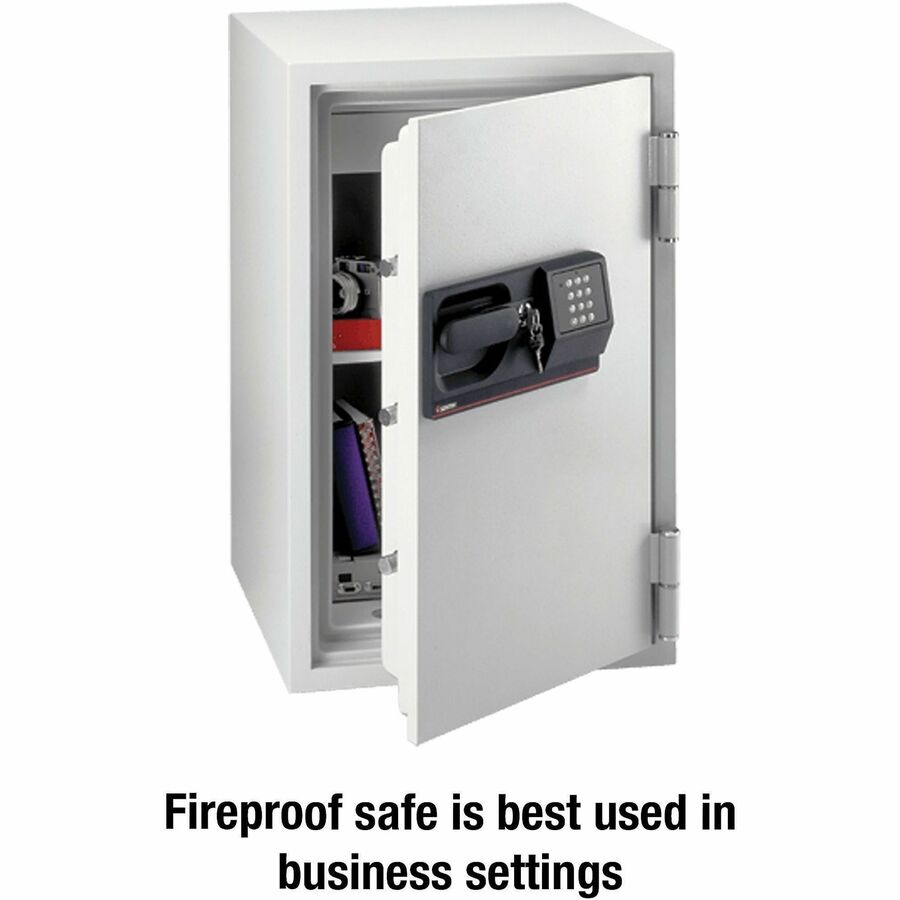 3 ft³ - Electronic, Tubular Key Lock - 3 Dead Bolt(s) - 5 Live-locking Bolt(s) - Fire Resistant - Internal Size 26.61" Height x 15" Width x 12.99" Depth - Overall Size 34.5" Height x 20.5" Width x 22" Depth - Light Gray