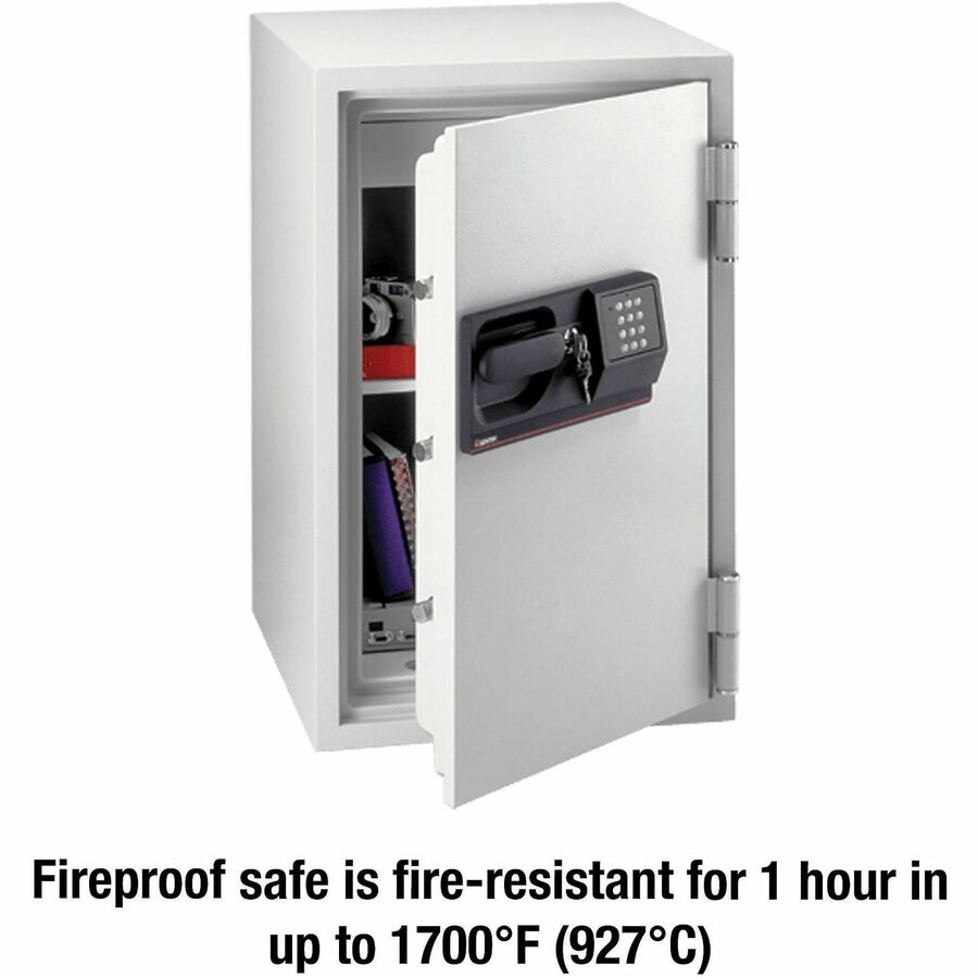 3 ft³ - Electronic, Tubular Key Lock - 3 Dead Bolt(s) - 5 Live-locking Bolt(s) - Fire Resistant - Internal Size 26.61" Height x 15" Width x 12.99" Depth - Overall Size 34.5" Height x 20.5" Width x 22" Depth - Light Gray