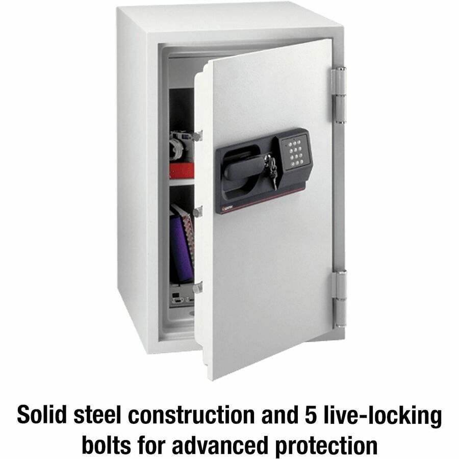 3 ft³ - Electronic, Tubular Key Lock - 3 Dead Bolt(s) - 5 Live-locking Bolt(s) - Fire Resistant - Internal Size 26.61" Height x 15" Width x 12.99" Depth - Overall Size 34.5" Height x 20.5" Width x 22" Depth - Light Gray
