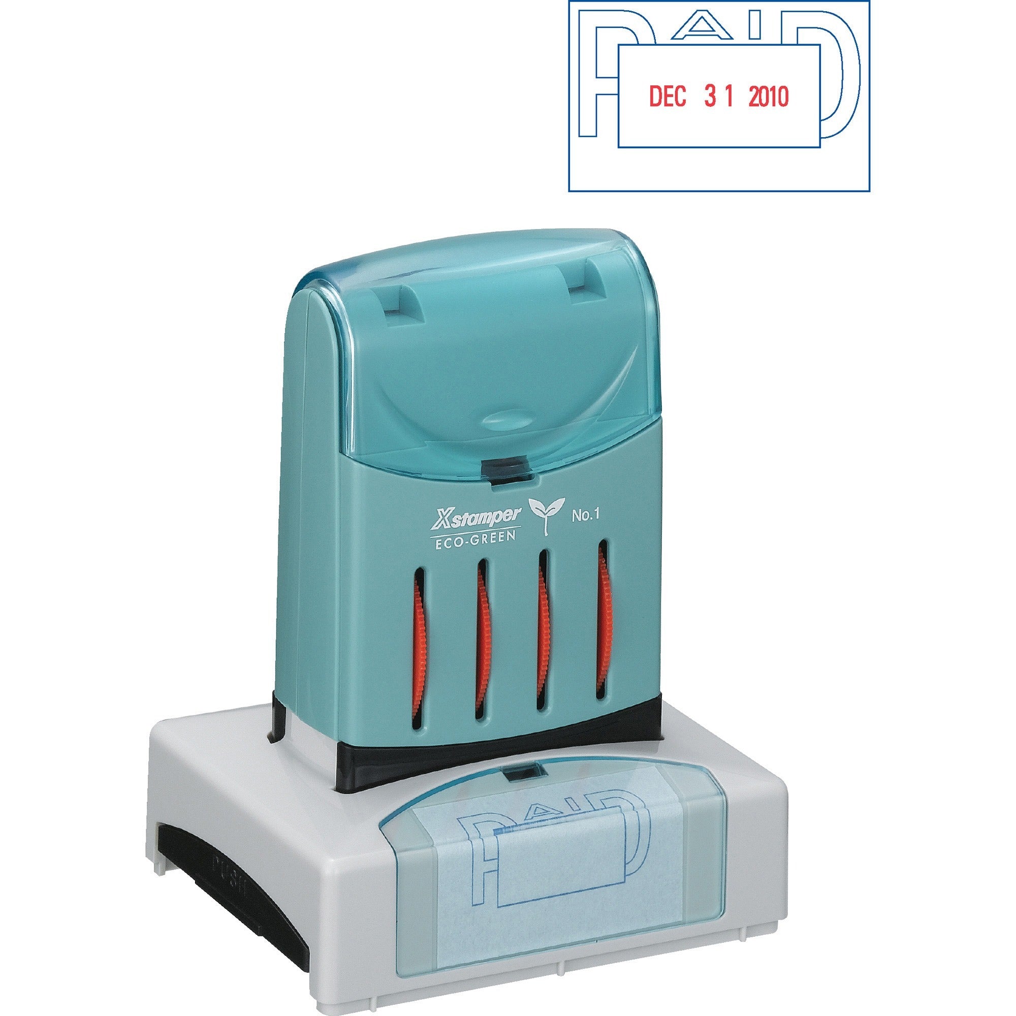 Message/Date Stamp - PAID - 1.31" Impression Width x 2.12" Impression Length - Red, Blue - Recycled - 1 Each