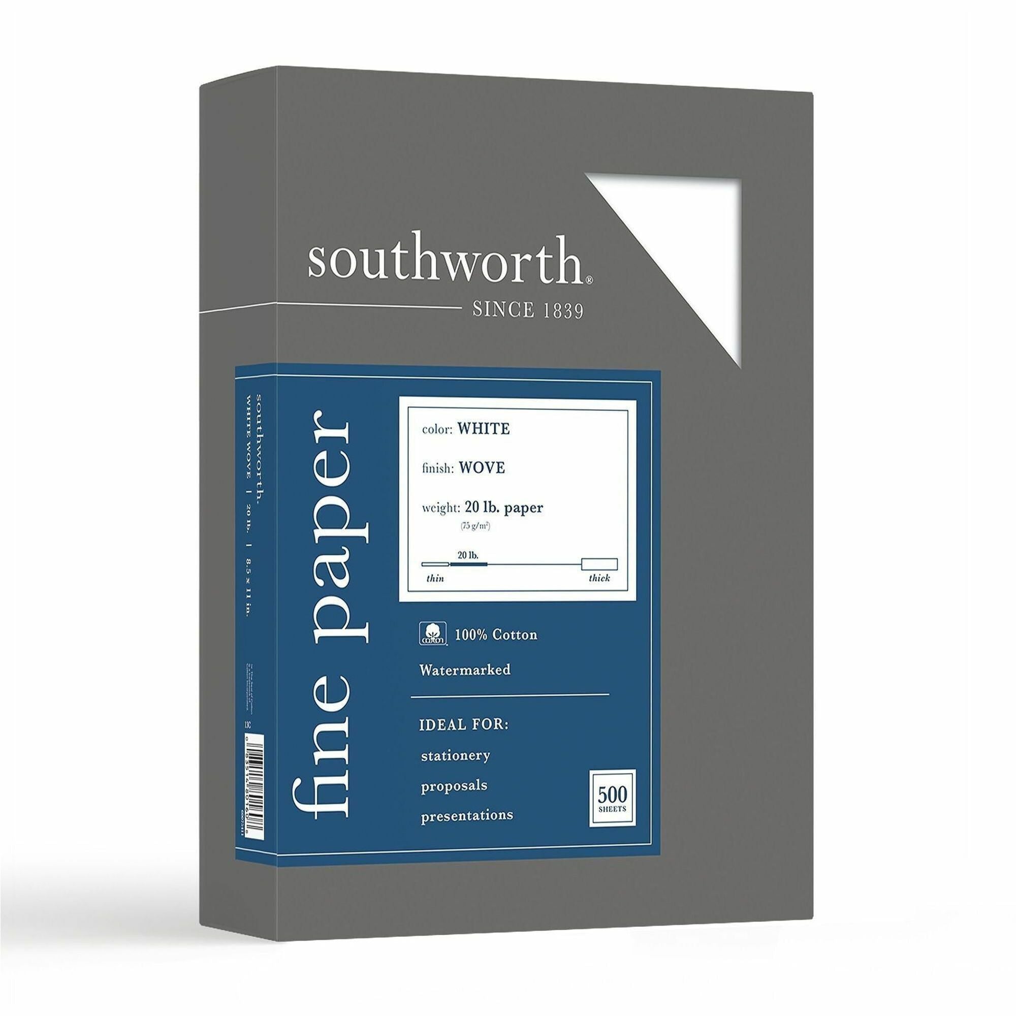 Southworth 100% Cotton Business Paper - Letter - 8 1/2" x 11" - 20 lb Basis Weight - Wove - Wear Resistant, Date-coded, Acid-free, Lignin-free - White - 1 Box