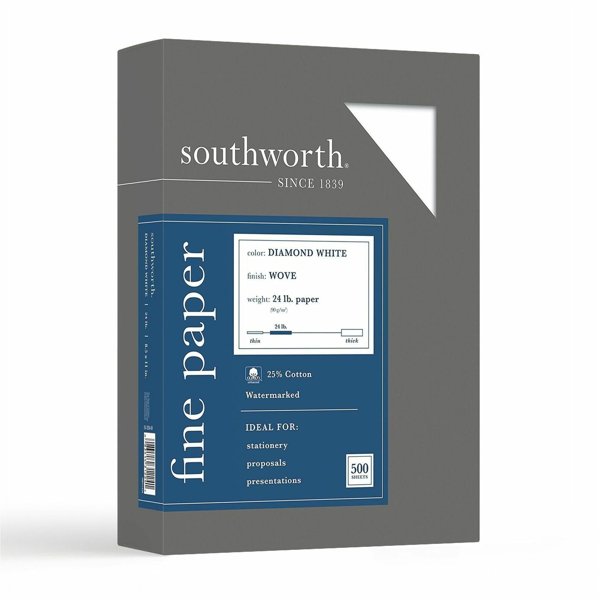Southworth 25% Cotton Business Paper - Letter - 8 1/2" x 11" - 24 lb Basis Weight - Wove - Acid-free, Watermarked - Diamond White - 1 Box
