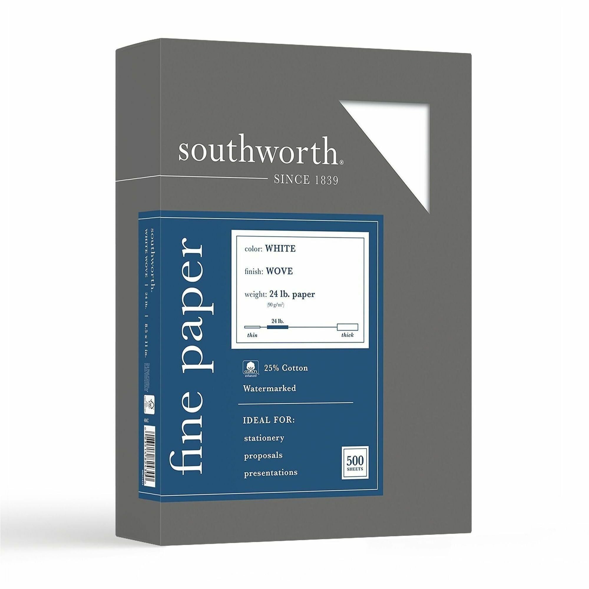 Southworth 25% Cotton Business Paper - Letter - 8 1/2" x 11" - 24 lb Basis Weight - Wove - Watermarked, Acid-free, Date-coded, Lignin-free - White - 1 Box