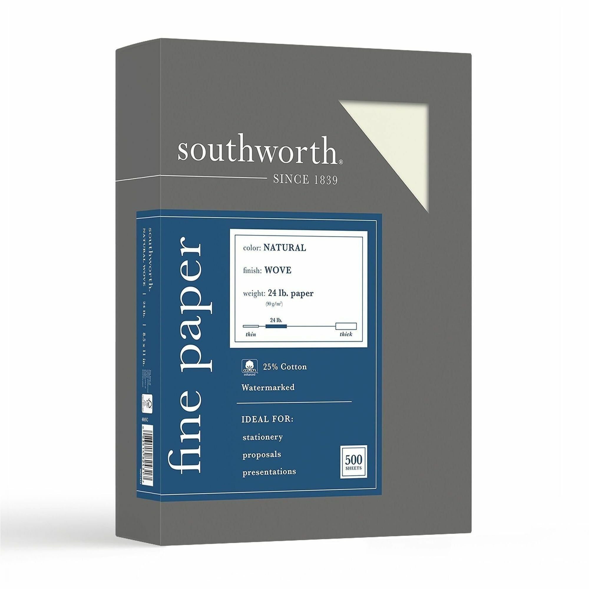 Southworth 25% Cotton Business Paper - Letter - 8 1/2" x 11" - 24 lb Basis Weight - Wove - Watermarked, Acid-free, Lignin-free, Date-coded - Natural White (Ivory) - 1 Box