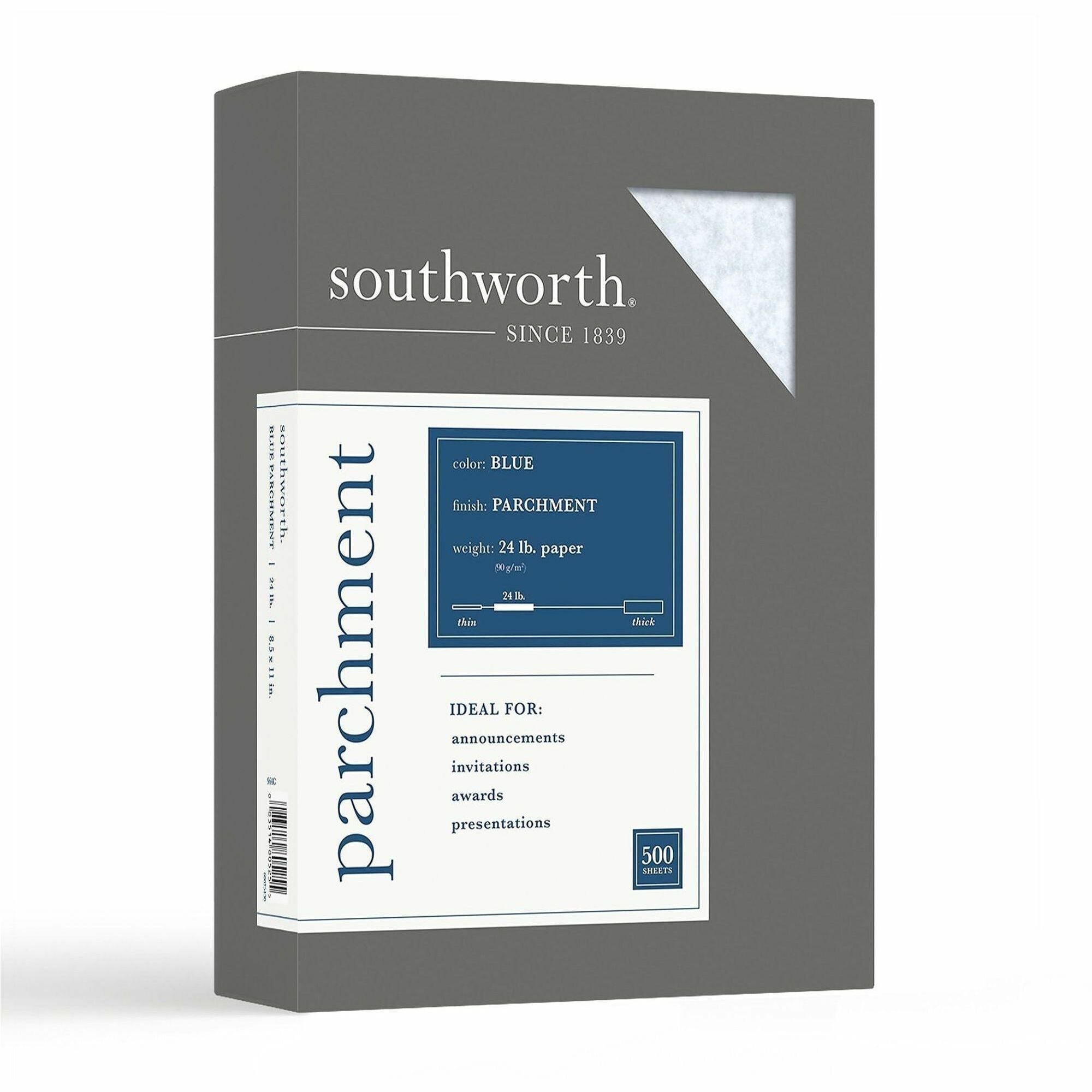 Southworth Parchment Specialty Paper - Blue - Letter - 8 1/2" x 11" - 24 lb Basis Weight - Parchment - Acid-free, Lignin-free - Blue - 1 Box