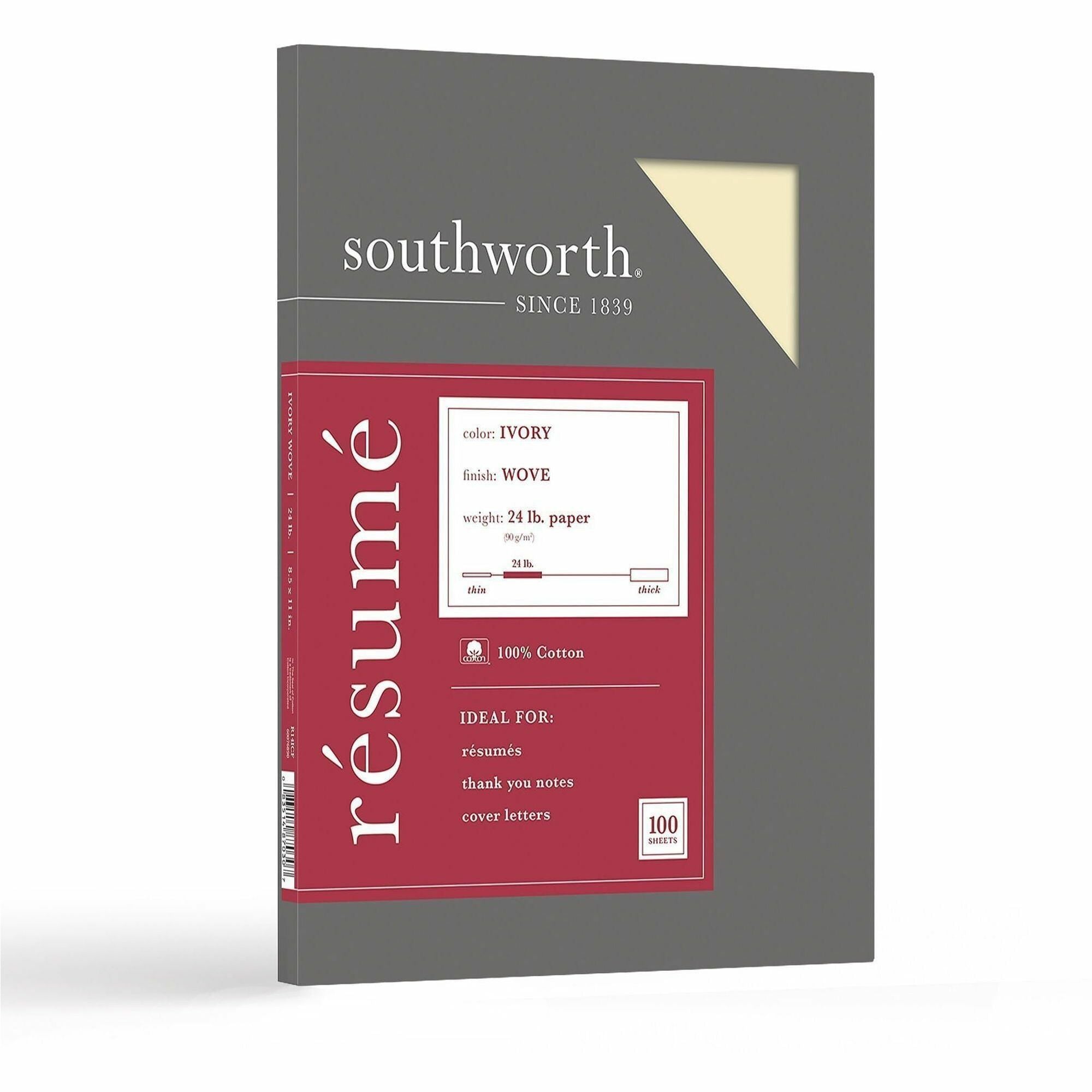 Southworth 100% Cotton Resume Paper - Letter - 8 1/2" x 11" - 24 lb Basis Weight - Wove - Acid-free, Lignin-free - Ivory - 1 Box