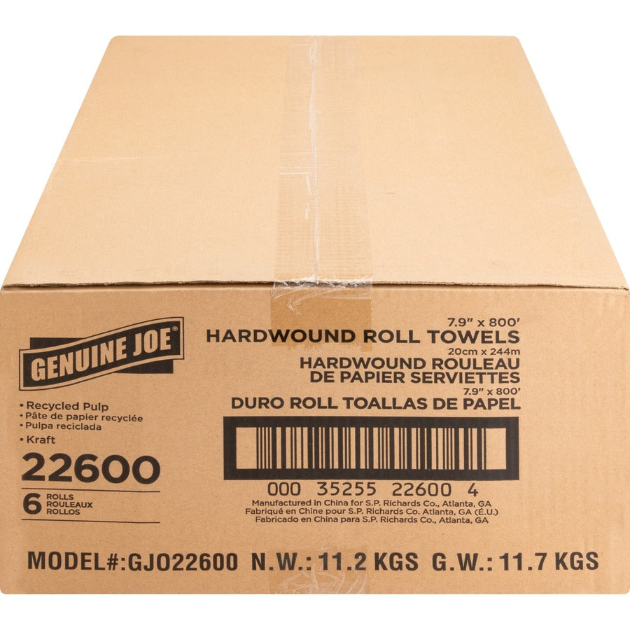 Genuine Joe Embossed Hardwound Roll Towels - 7.90" Width x 800 ft Length - 2" Core - Natural - 6 / Carton